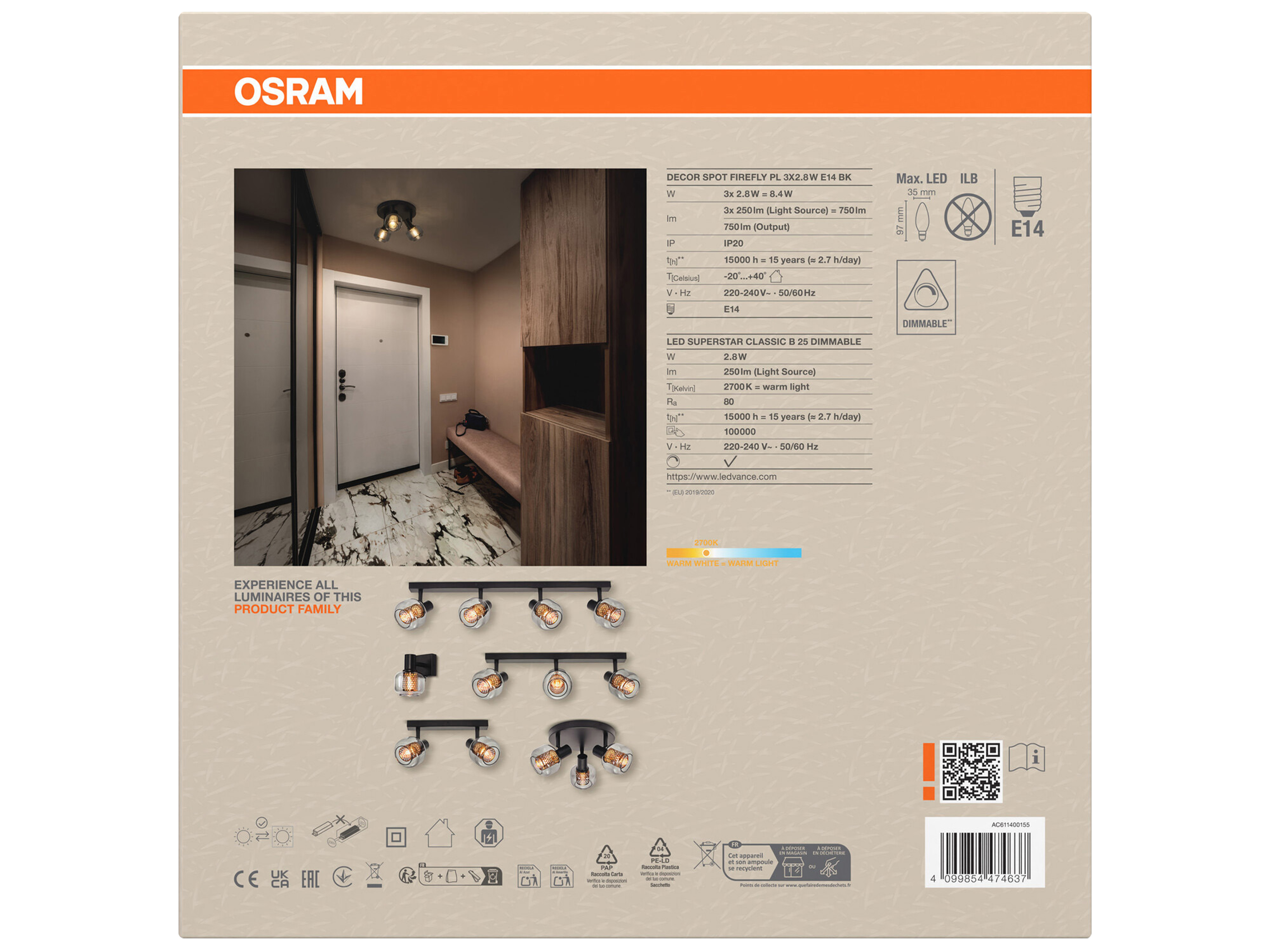 OSRAM Deckenanbau-Leuchte, E14, 8,4 W, 2700 K, 750 lm, IP20, goldenes Wabengitter, dimmbar