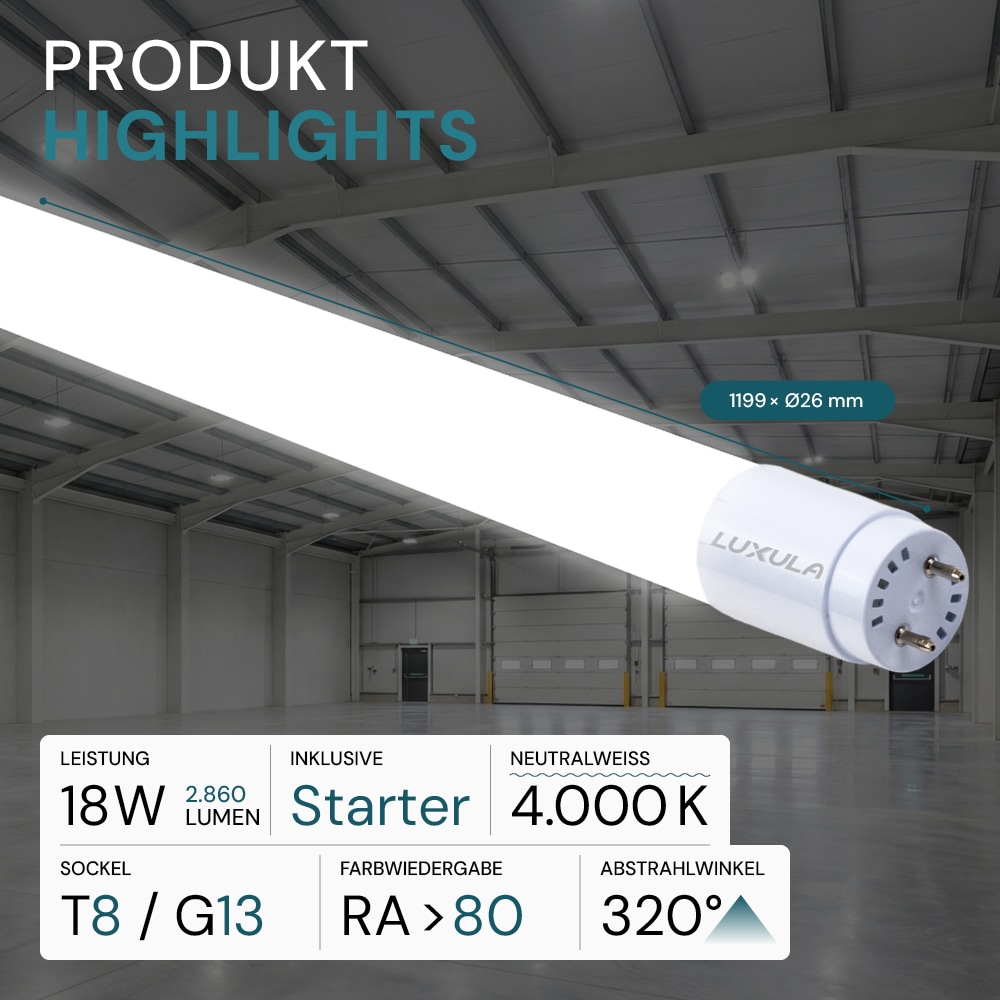 LUXULA LED-Röhre 2880lm LX100860, T8, 4000K, 160lm/W, 18W, mit Brücke