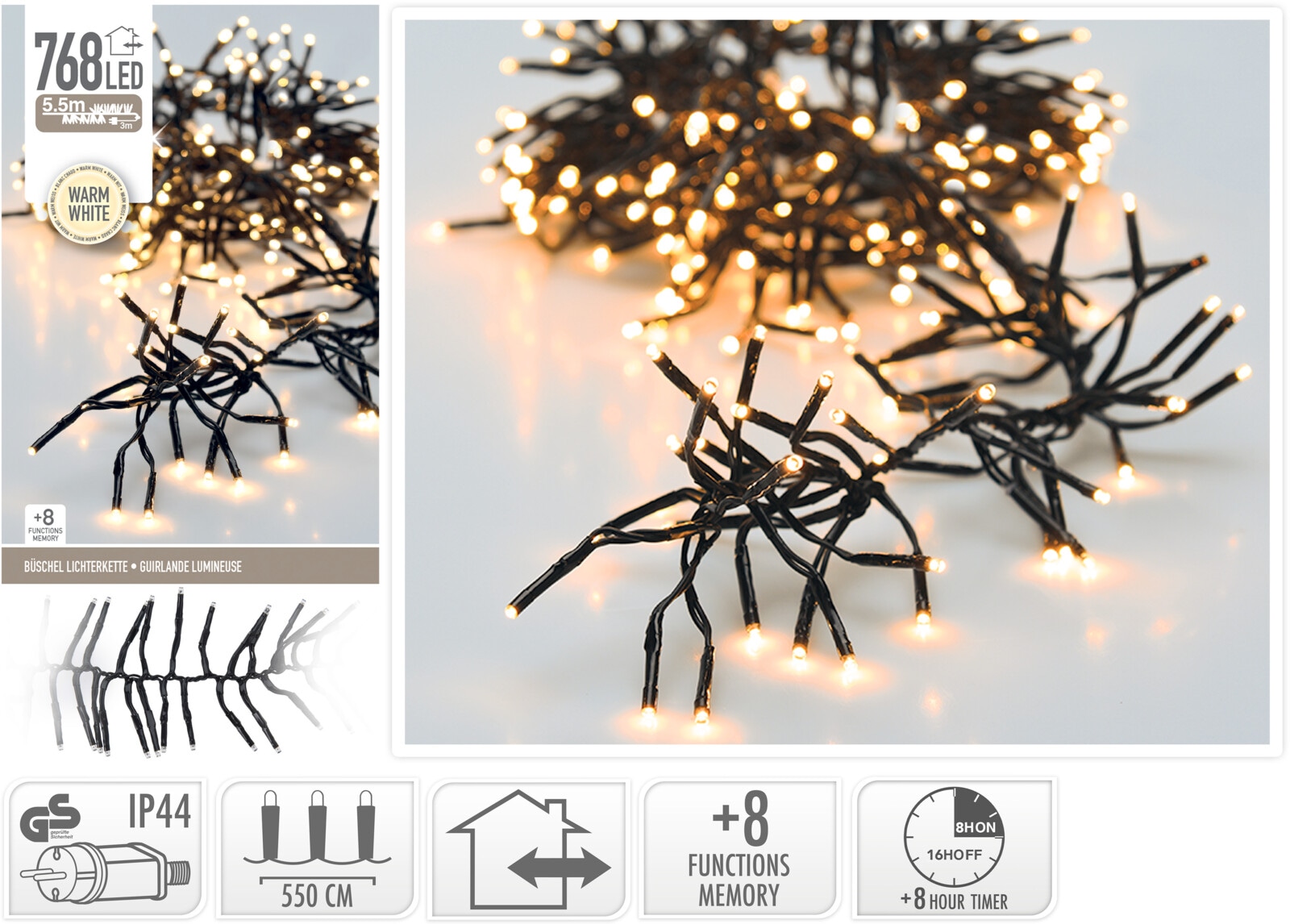 LED-Clusterlichterkette Büschel warmweiß, 768 LEDs, sw Kabel, Innen/Außen, 8,5m KOOPMAN LED-Clusterlichterkette Büschel warmweiß, 768 LEDs, sw Kabel, Innen/Außen, 8,5m