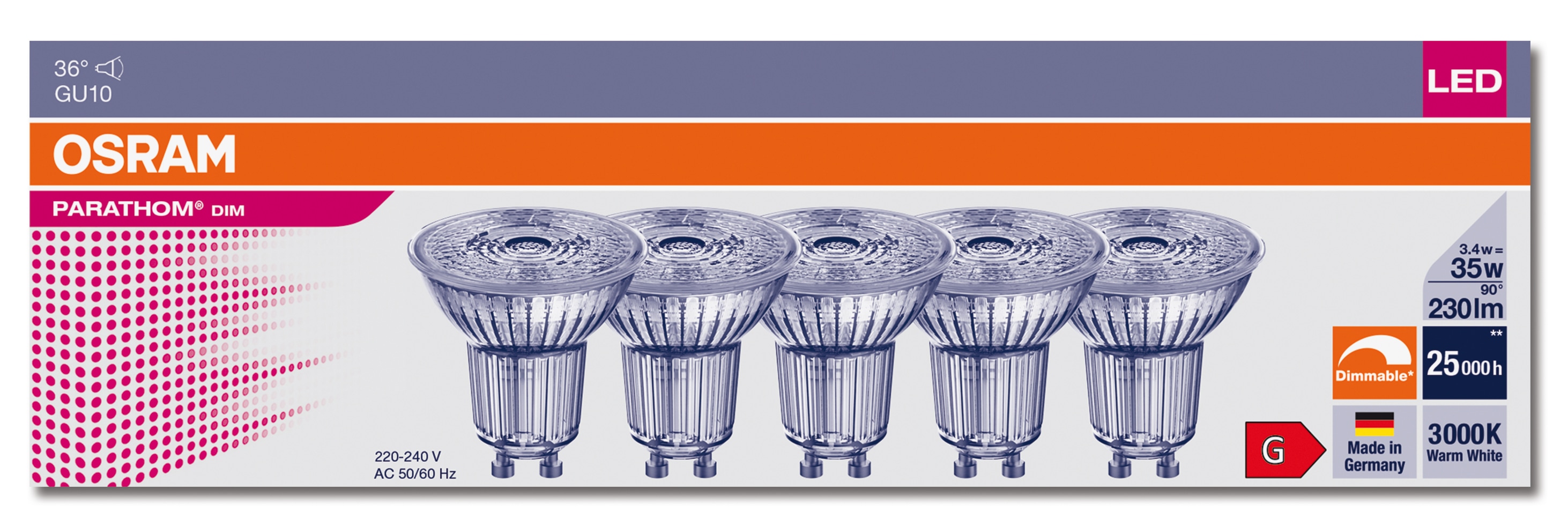 OSRAM LED-Reflektorlampe PARATHOM DIM, PAR16, GU10, EEK: G, 3,4 W, 230 lm, 3000 K, 5 Stück OSRAM LED-Reflektorlampe PARATHOM DIM, PAR16, GU10, EEK: G, 3,4 W, 230 lm, 3000 K, 5 Stück