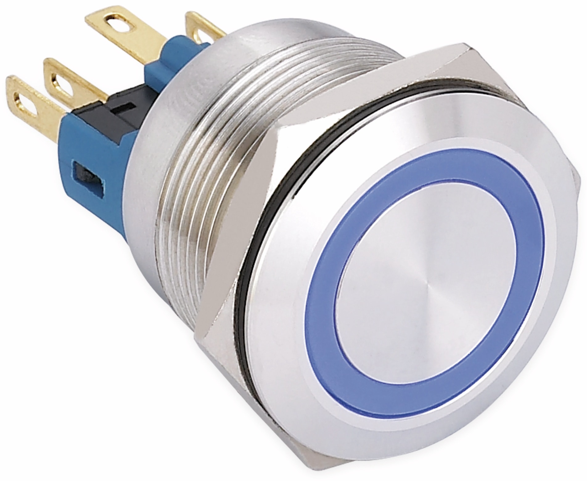 ONPOW Schalter, 24 V/DC, 1x Off/On, Beleuchtung blau, Lötanschluss, flach rund, Edelstahl, 22 mm
