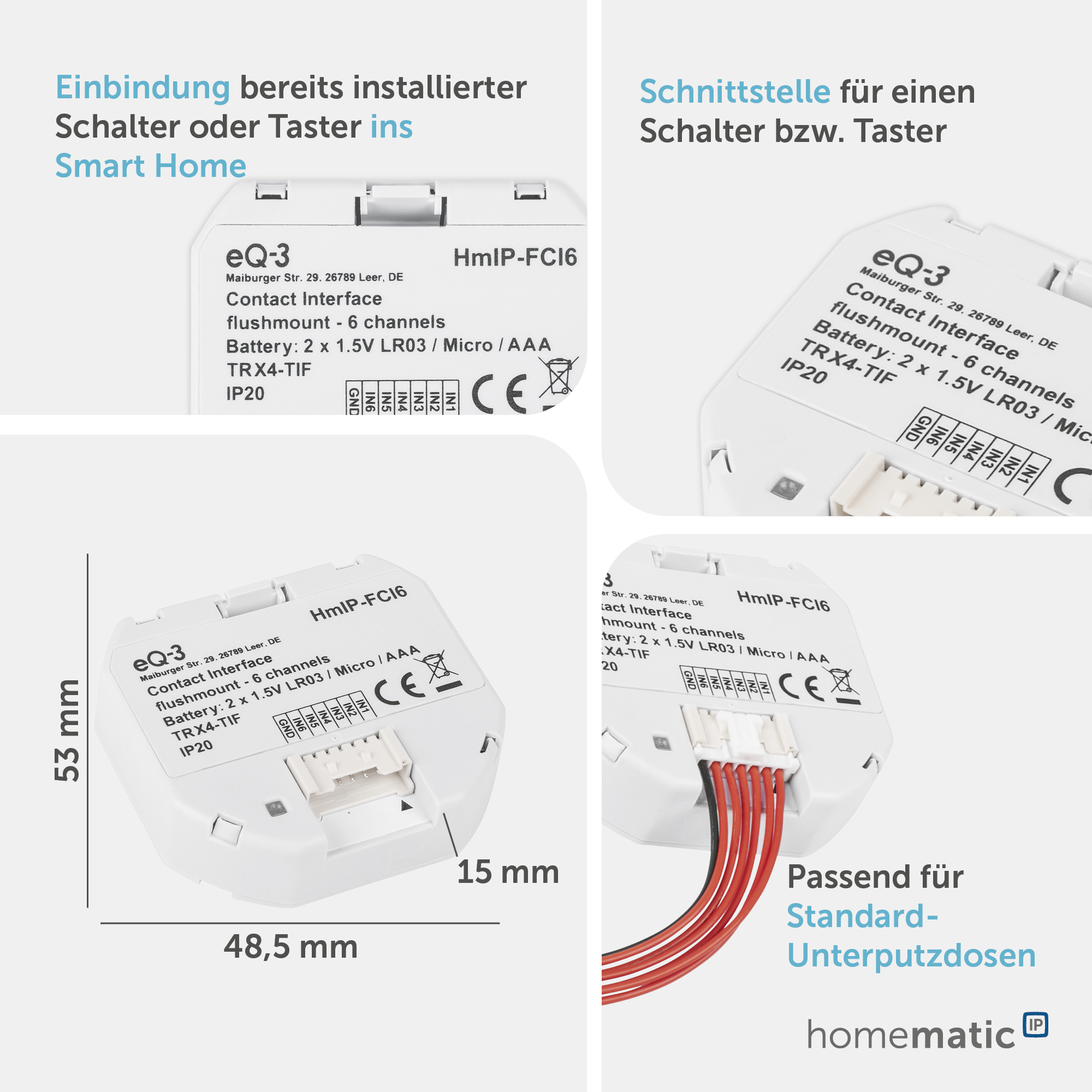 HOMEMATIC IP Smart Home 153501A0 Kontakt-Schnittstelle Unterputz, 6-fach