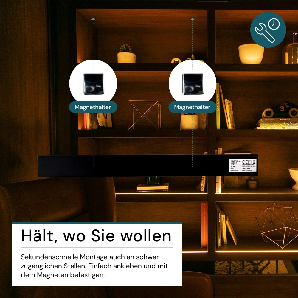 LUXULA LED-Schrankleuchte mit Bewegungsmelder, 4,07W, 140lm, CCT, IP20, schwarz, 60cm LUXULA LED-Schrankleuchte mit Bewegungsmelder, 4,07W, 1650lm, CCT, IP20, schwarz, 60cm