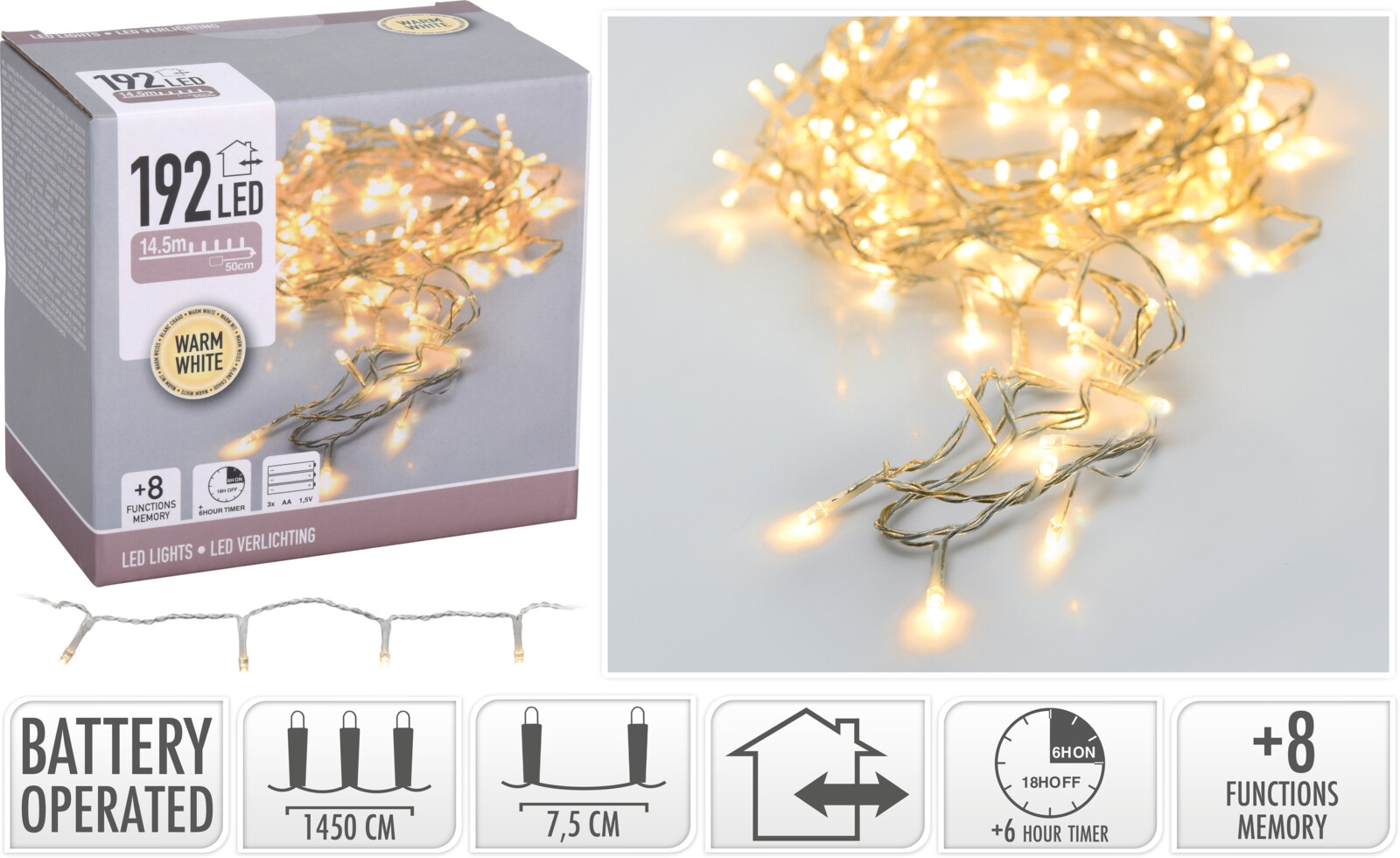 LED-Lichterkette, 192 LEDs warmweiß, trans. Kabel, Innen u. Außen, Batteriebetrieben, 14,50m LED-Lichterkette, 192 LEDs warmweiß, trans. Kabel, Innen u. Außen, Batteriebetrieben, 14,50m