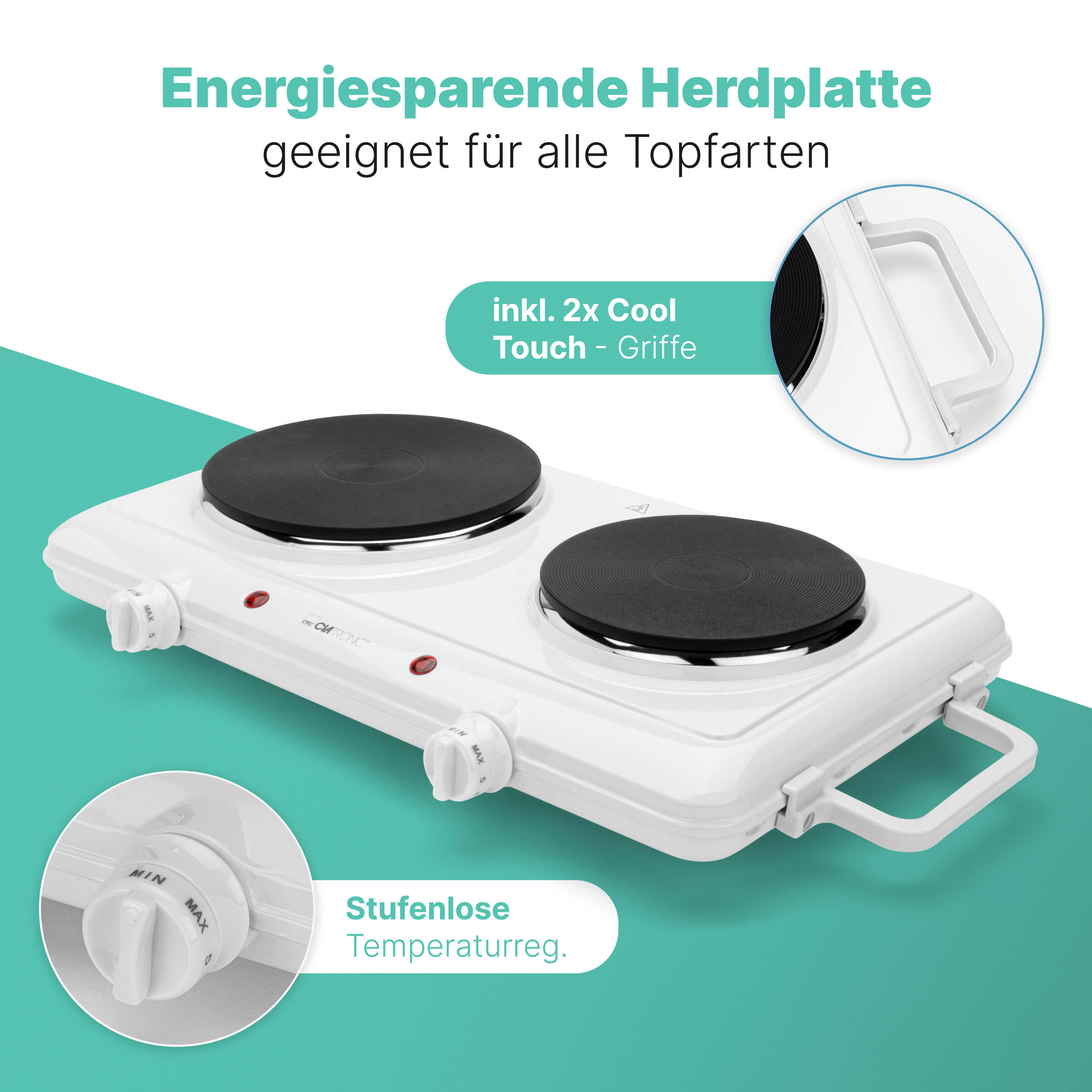 CLATRONIC Doppelkochplatte DKP 3583, 1x Ø180mm, 1500W, 1x Ø150mm, 1000W, weiß