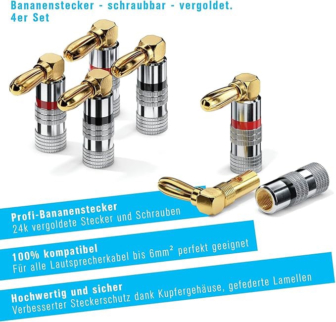 SONERO Bananenstecker S-SC090-04, gewinkelt 90° vergoldet 4er Set