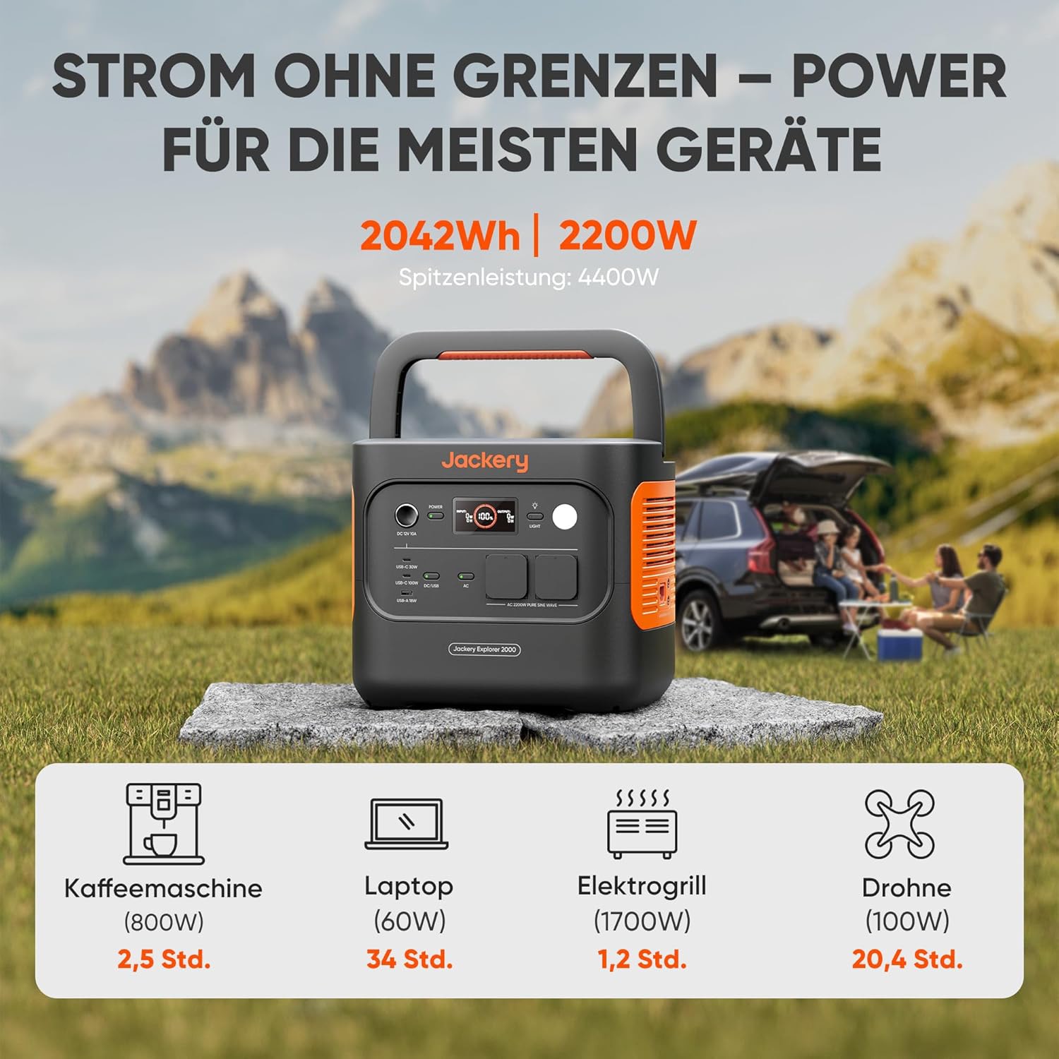 JACKERY Powerstation E2000 V2 EU, 2.042 Wh, Lithium-Eisenphosphat, 2.200 W, solarkompatibel
