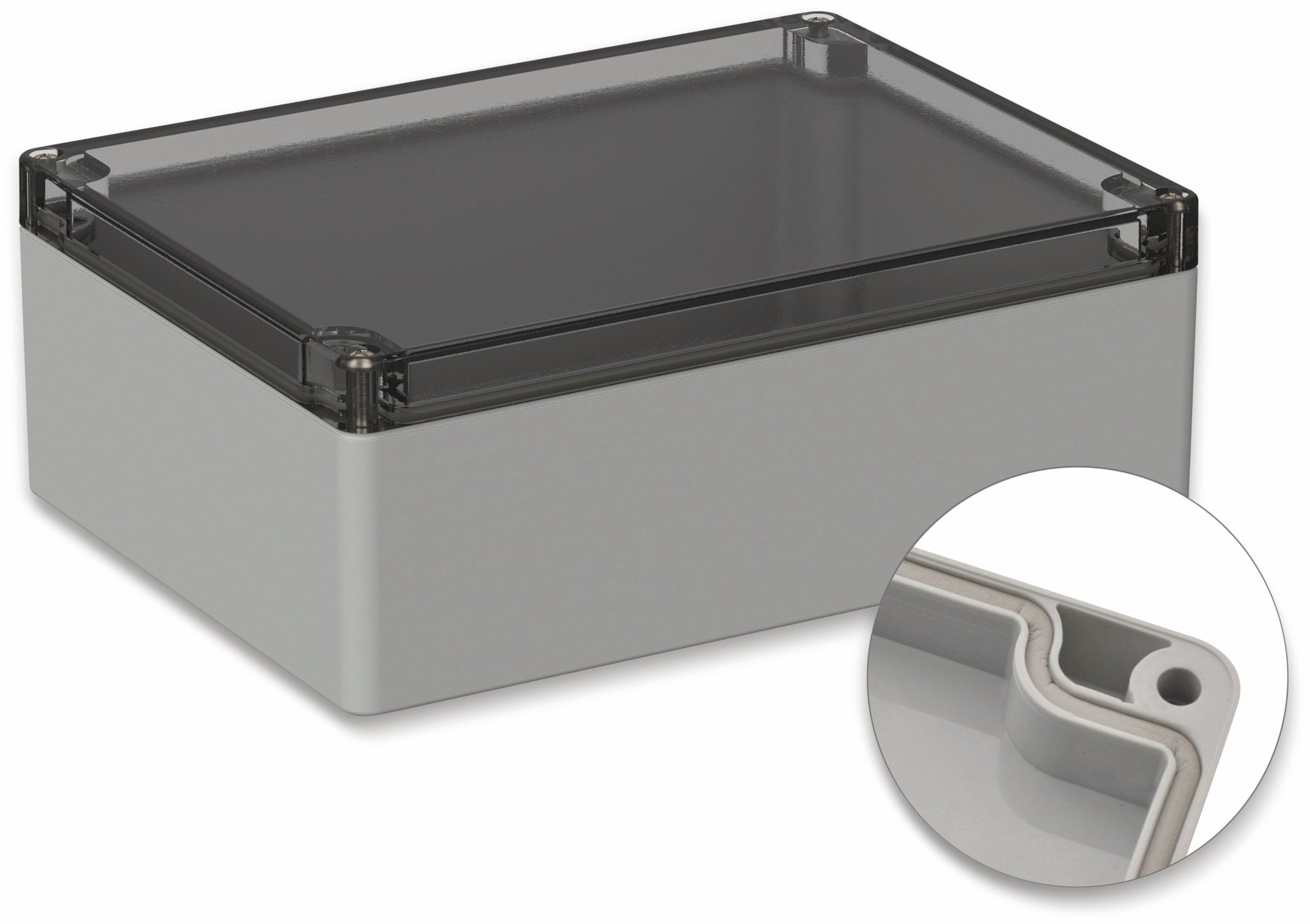 POLLIN, Polycarbonat Gehäuse, 200 x 150 x 75 mm, IP65, Lichtgrau, Glasklarer Deckel POLLIN, Polycarbonat Gehäuse, 200 x 150 x 75 mm, IP65, Lichtgrau, Glasklarer Deckel