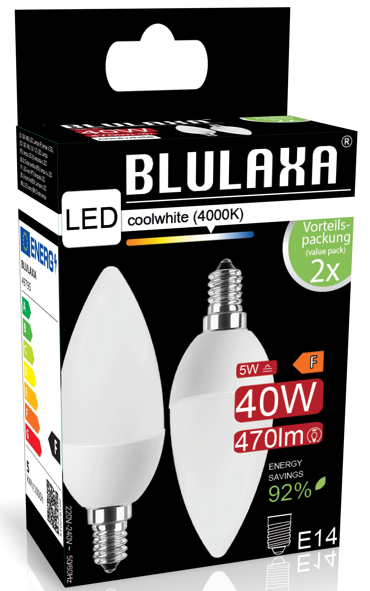 BLULAXA LED-SMD-Lampe, C35, EEK: F, E14, 5 W, 470 lm, 4000 K, 2 Stück BLULAXA LED-SMD-Lampe, C35, EEK: F, E14, 5 W, 470 lm, 4000 K, 2 Stück