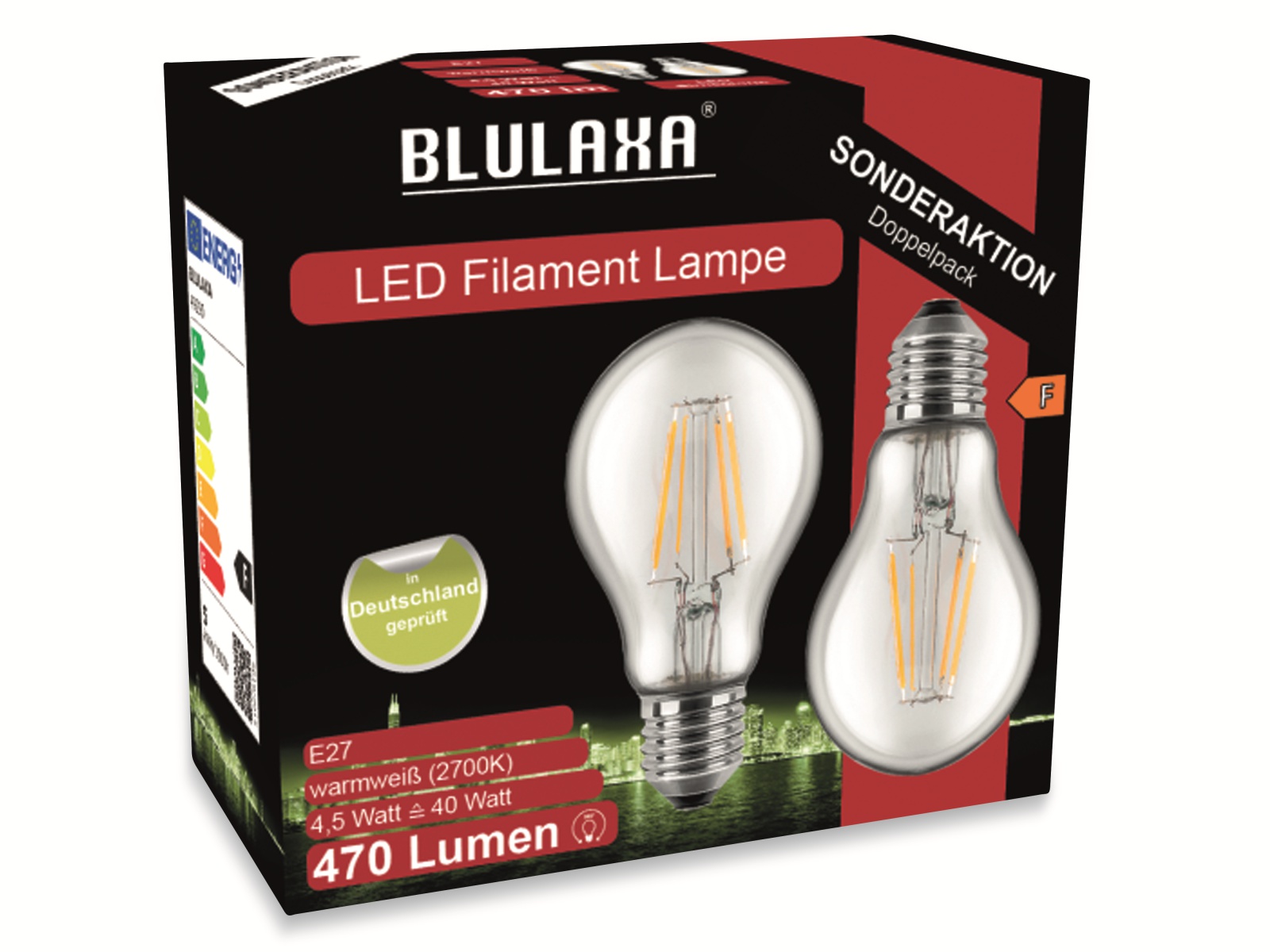 BLULAXA LED-Filament-Lampe, A60, E27, EEK: F, 4,5 W, 470 lm, 2700 K, 2 Stk