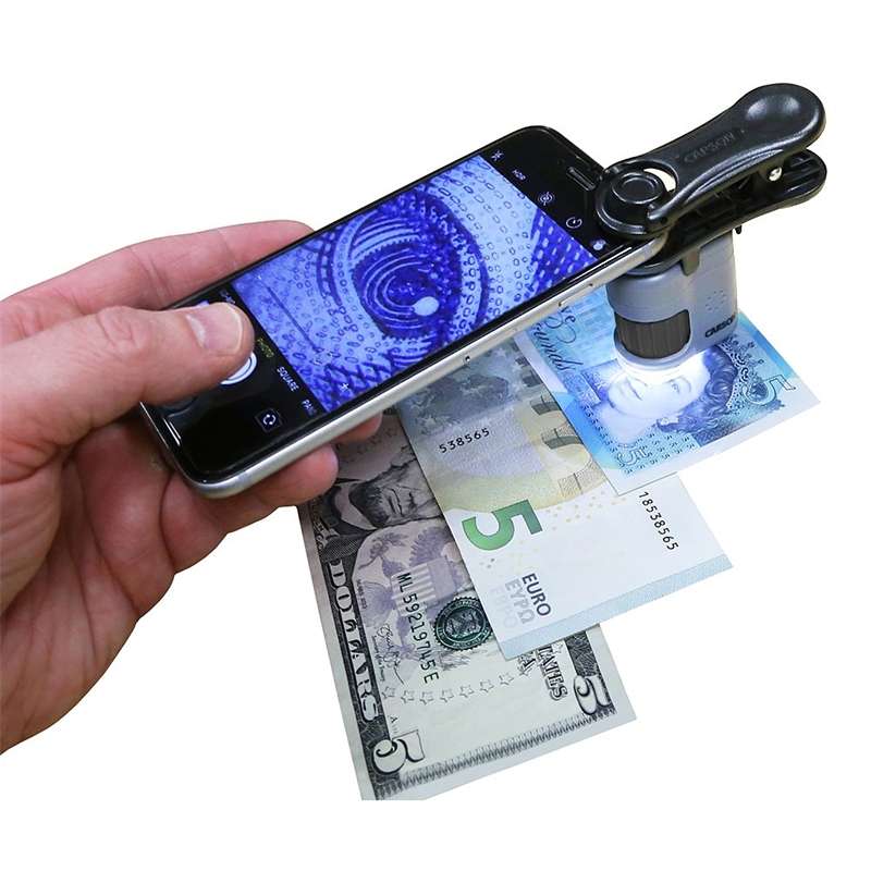 CARSON Taschenmikroskop MM-380 MicroMini, 20x Vergrößerung, LED- und UV-Beleuchtung, Smartphone-Adapter