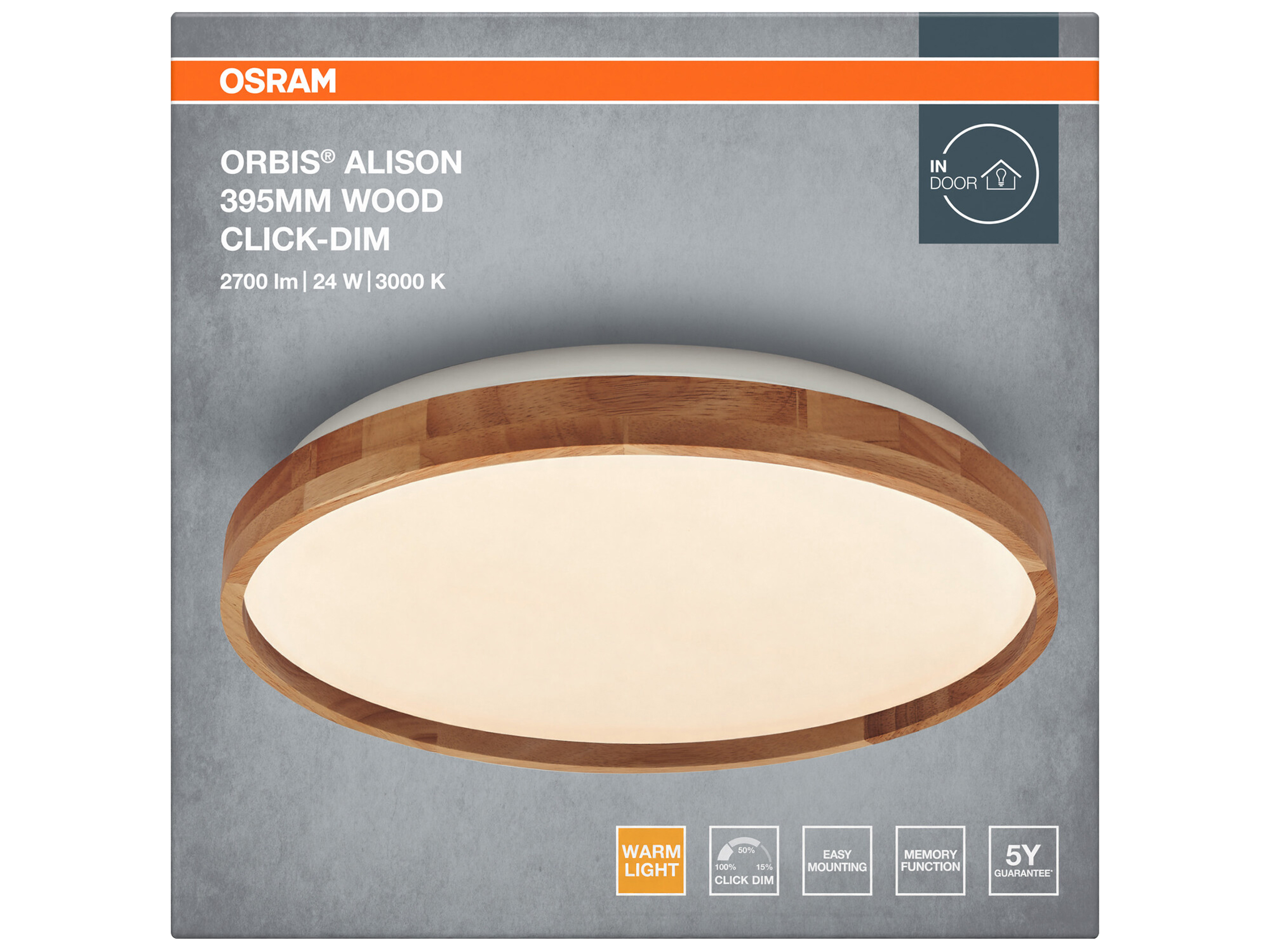 OSRAM LED-Deckenleuchte mit Holzring, Dimmbar, warmweiß, 3.000 K, EEK: F, IP20