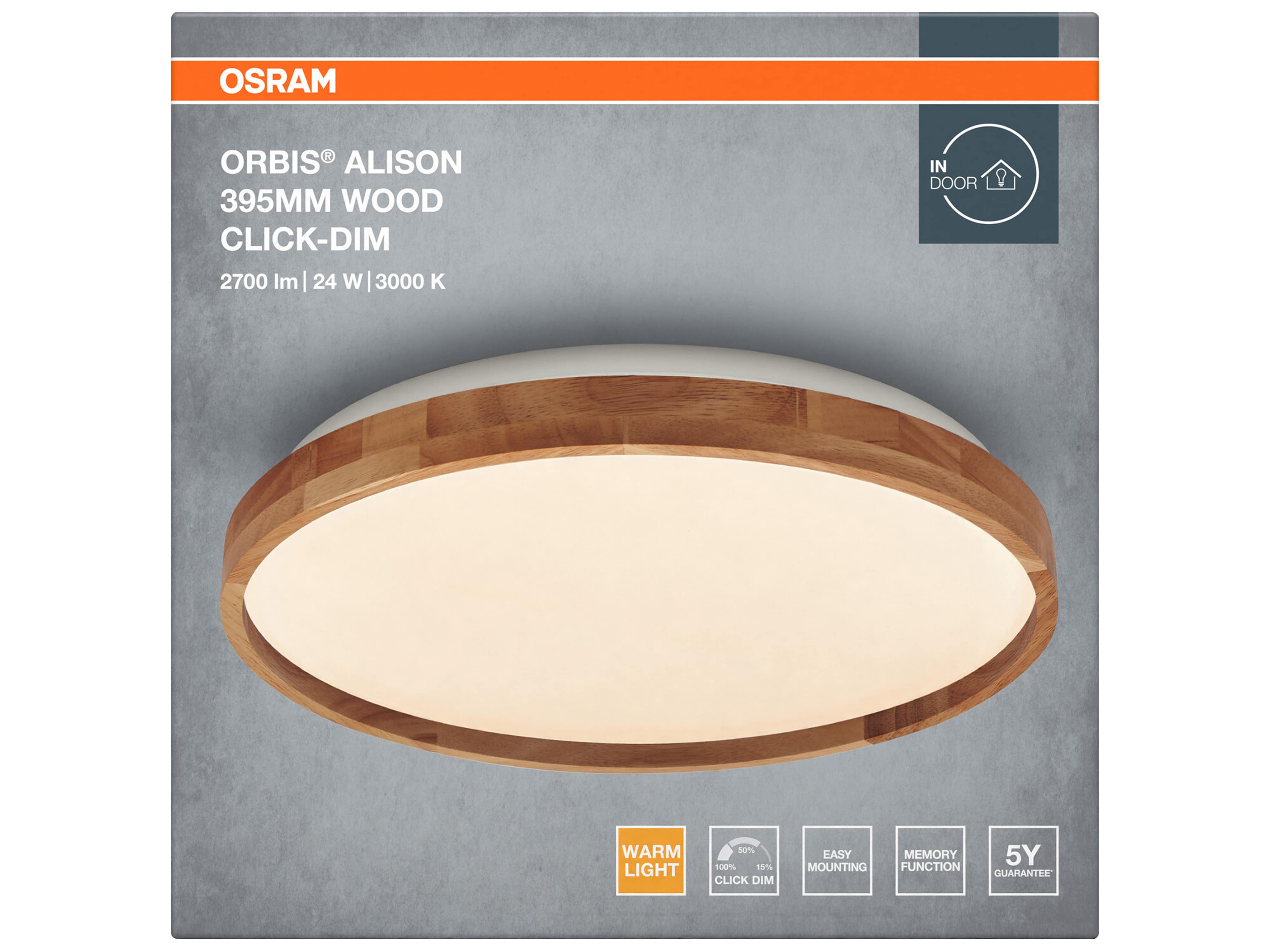 OSRAM LED-Deckenleuchte mit Holzring, 24 W, 3.000 K, Dimmbar, EEK: F, warmweiß, IP20 OSRAM LED-Deckenleuchte mit Holzring, Dimmbar, warmweiß, 3.000 K, EEK: F, IP20
