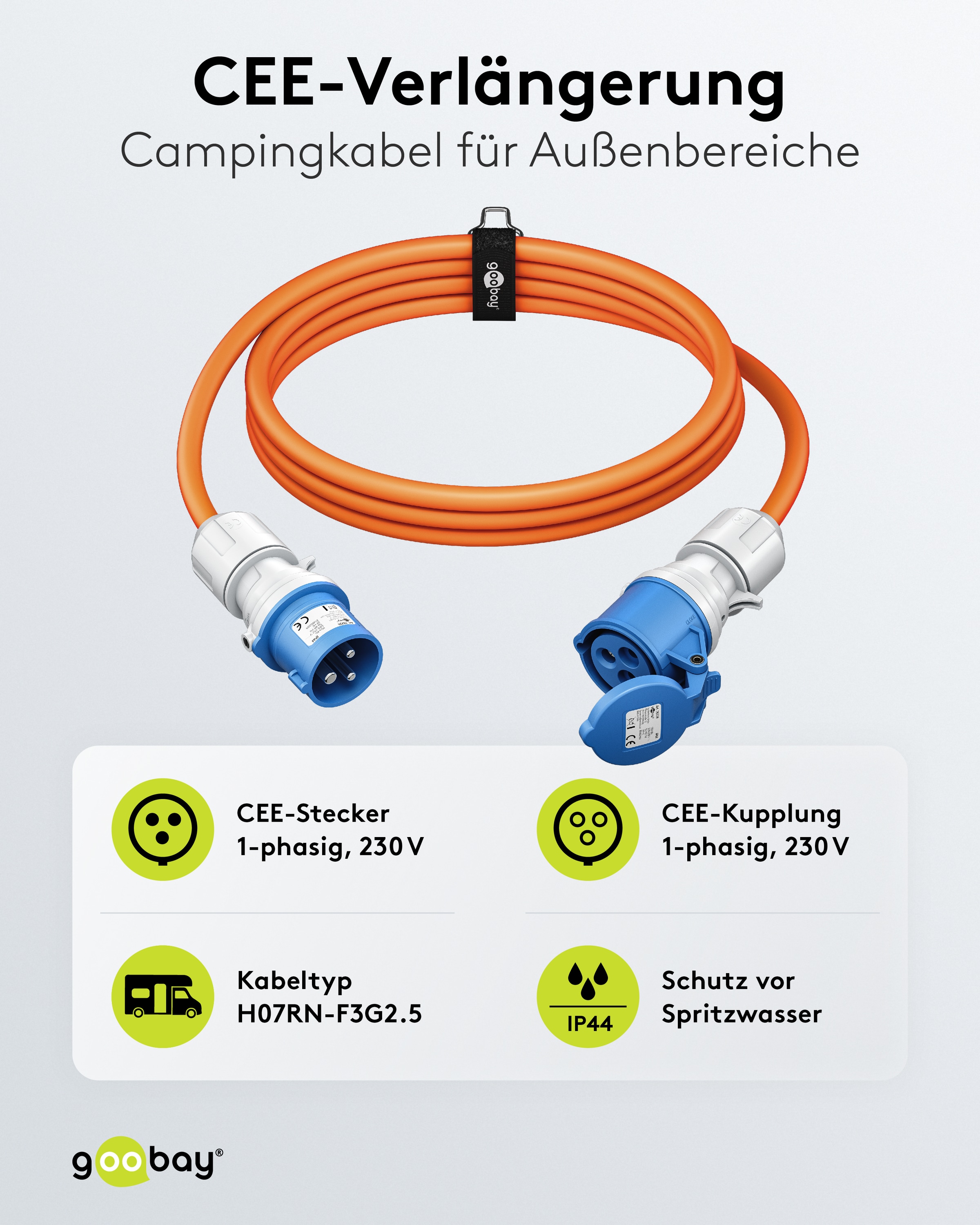 GOOBAY CEE-Verlängerung 76229, 10 m, 2,5mm², 16A/230V, orange