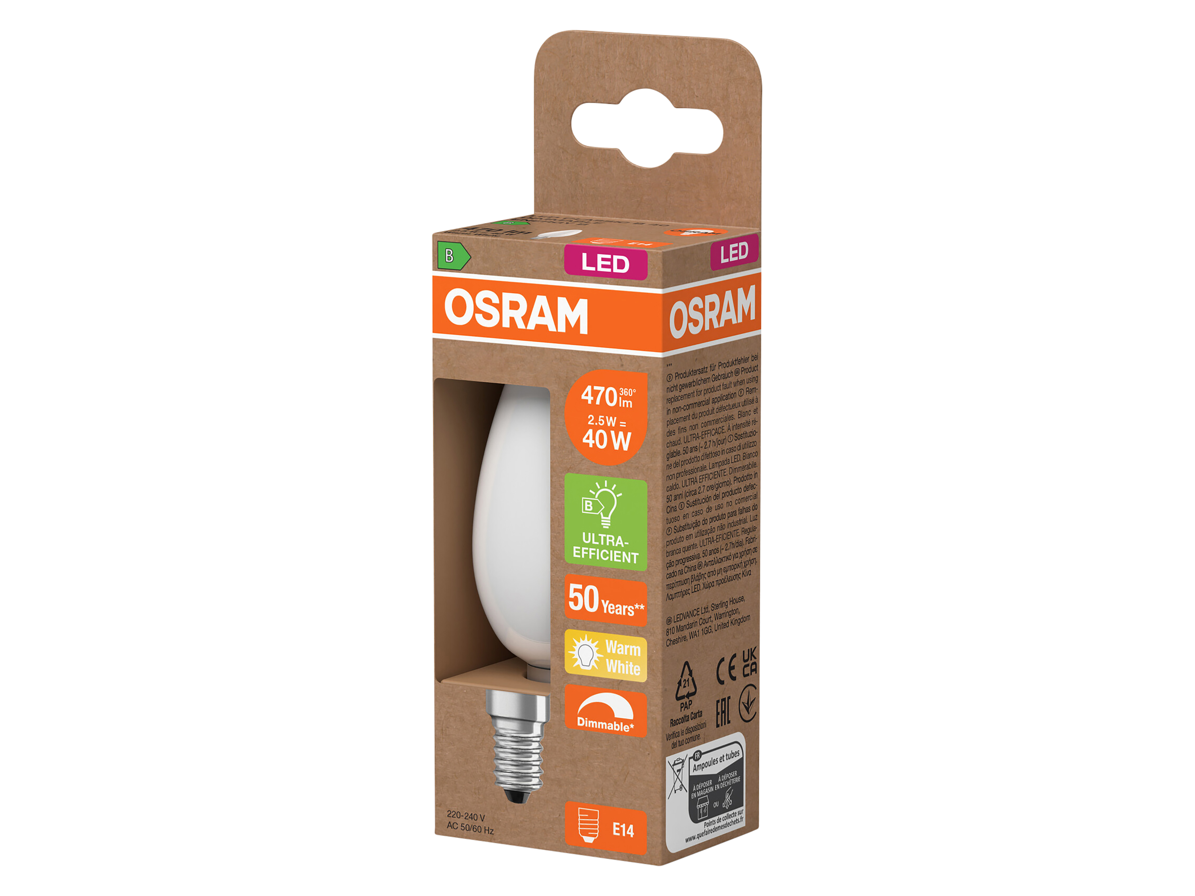 OSRAM LED-Lampe Classic, dimmbar, E14, 2,5 W, 2700 K, EEK: B, 470 lm, warmweiß
