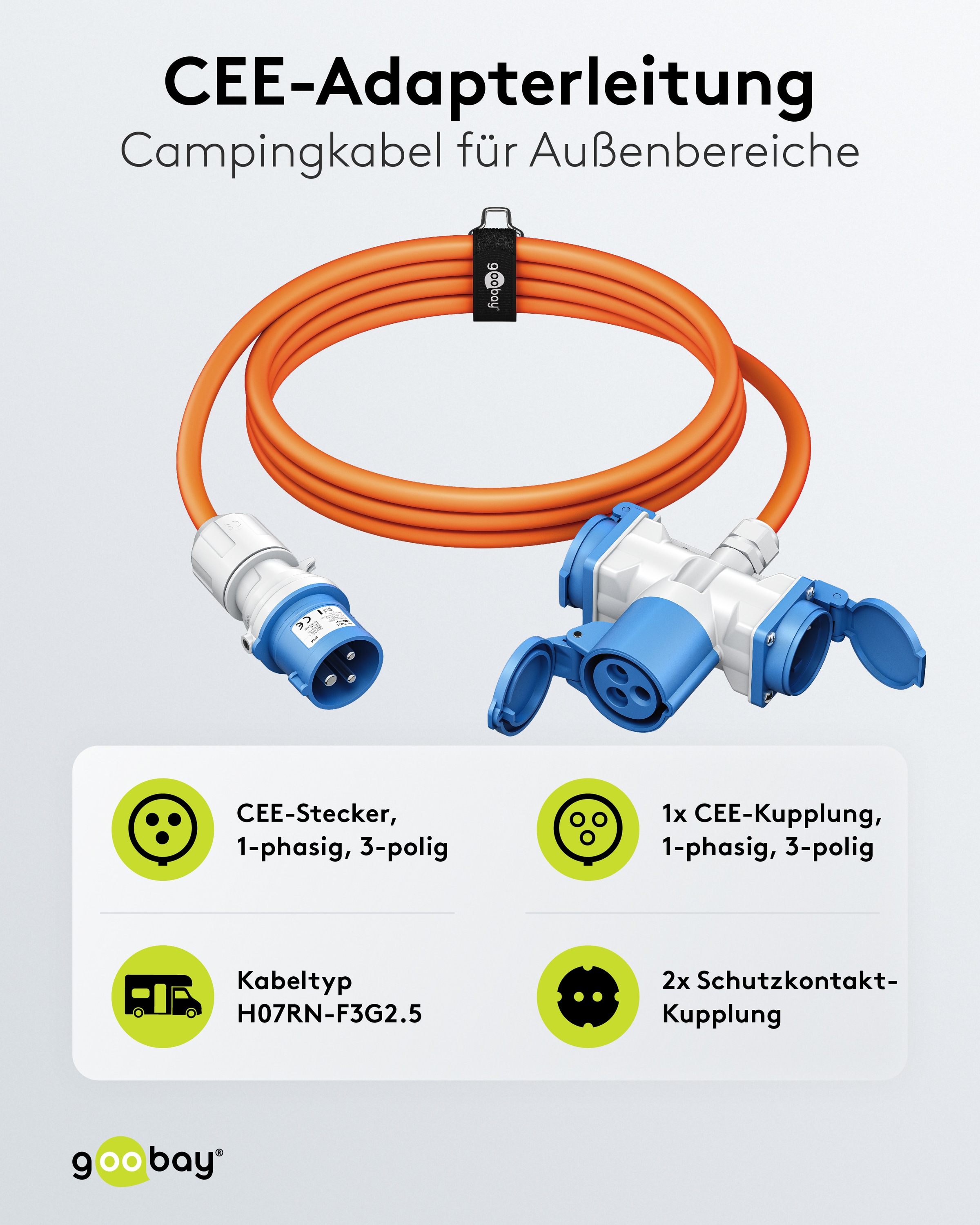 GOOBAY CEE-Adapterkabel 76265, 5 m, Stecker zu Kupplung + 2x Schutzkontaktkupplung GOOBAY CEE-Adapterkabel 76265, 5 m, Stecker zu Kupplung + 2x Schutzkontaktkupplung