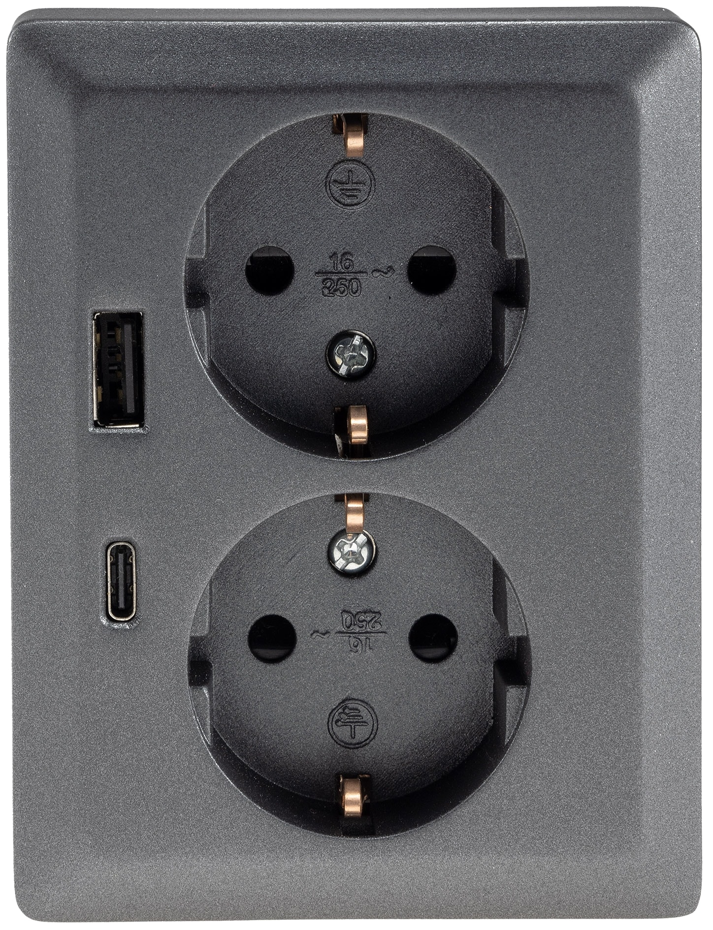 MILOS Schutzkontakt-Steckdose 23719, 2-fach, 2in1, USB-A+C/PD, 16A/250V, anthrazit MILOS Schutzkontakt-Steckdose 23719, 2-fach, 2in1, USB-A+C/PD, 16A/250V, anthrazit