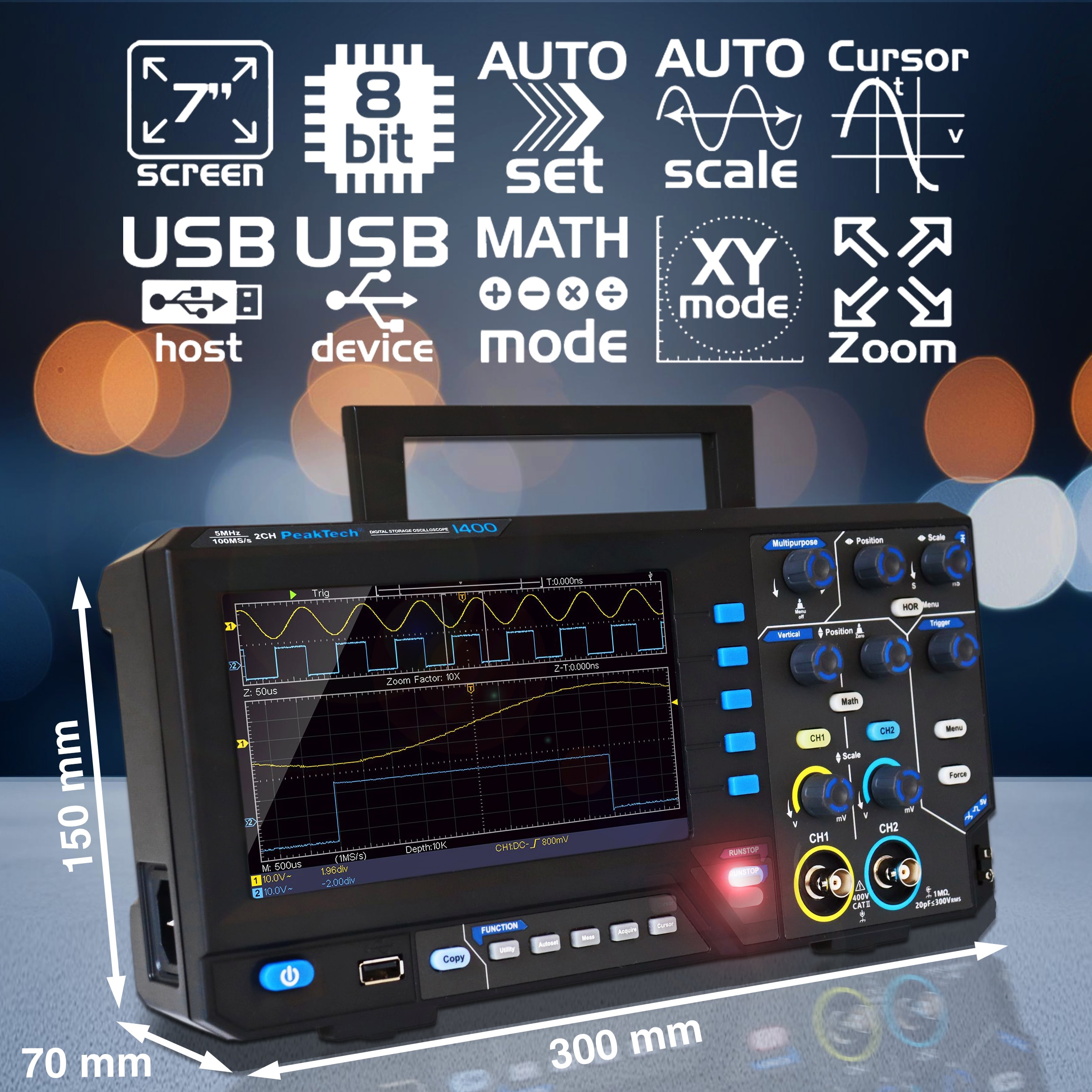 PEAKTECH Digital Speicher Oszilloskop, P 1401, 2 Kanäle, 10 MHz