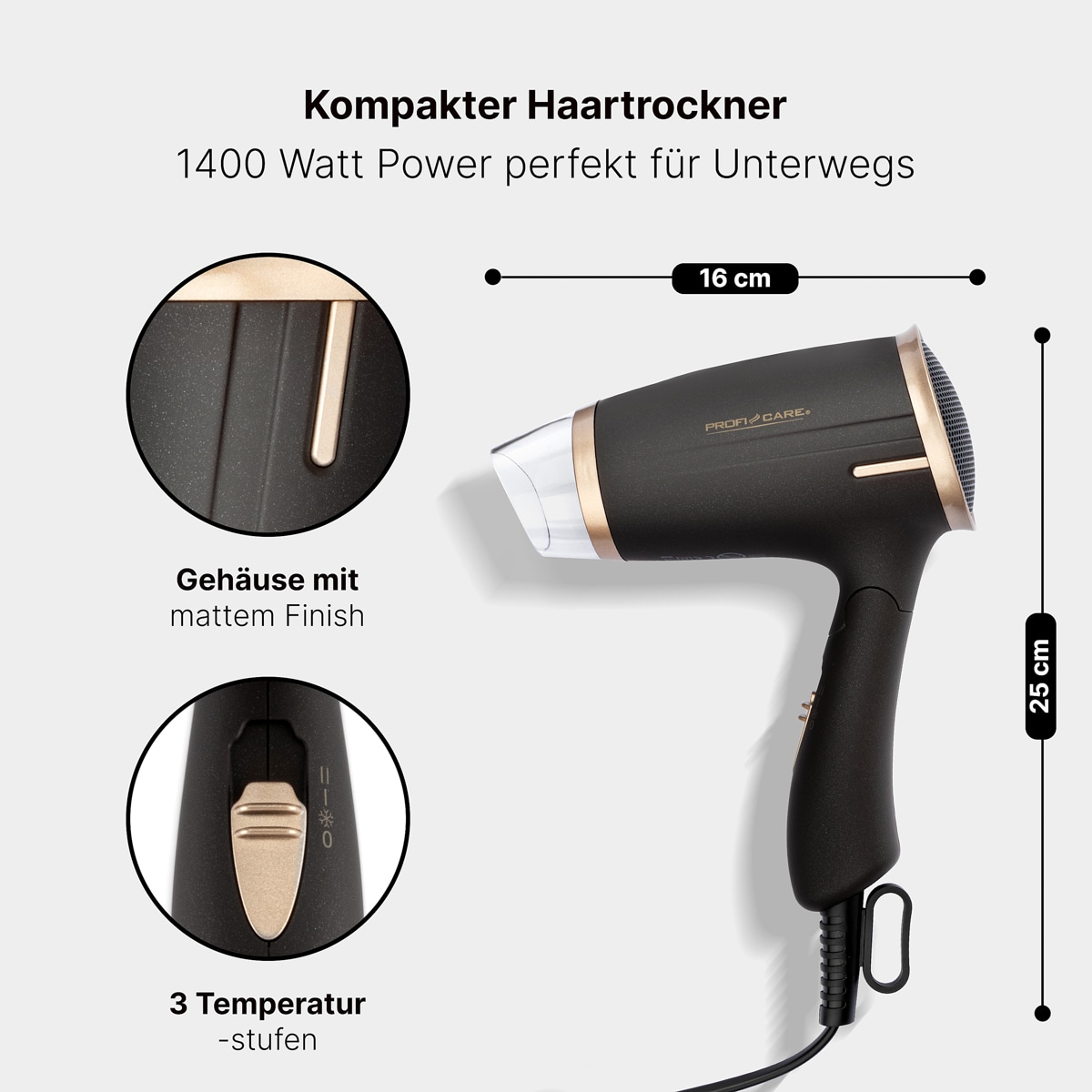 PROFICARE Haartrockner PC-HT 3009, Klappgriff, kompakt, 1400W, braun-bronze