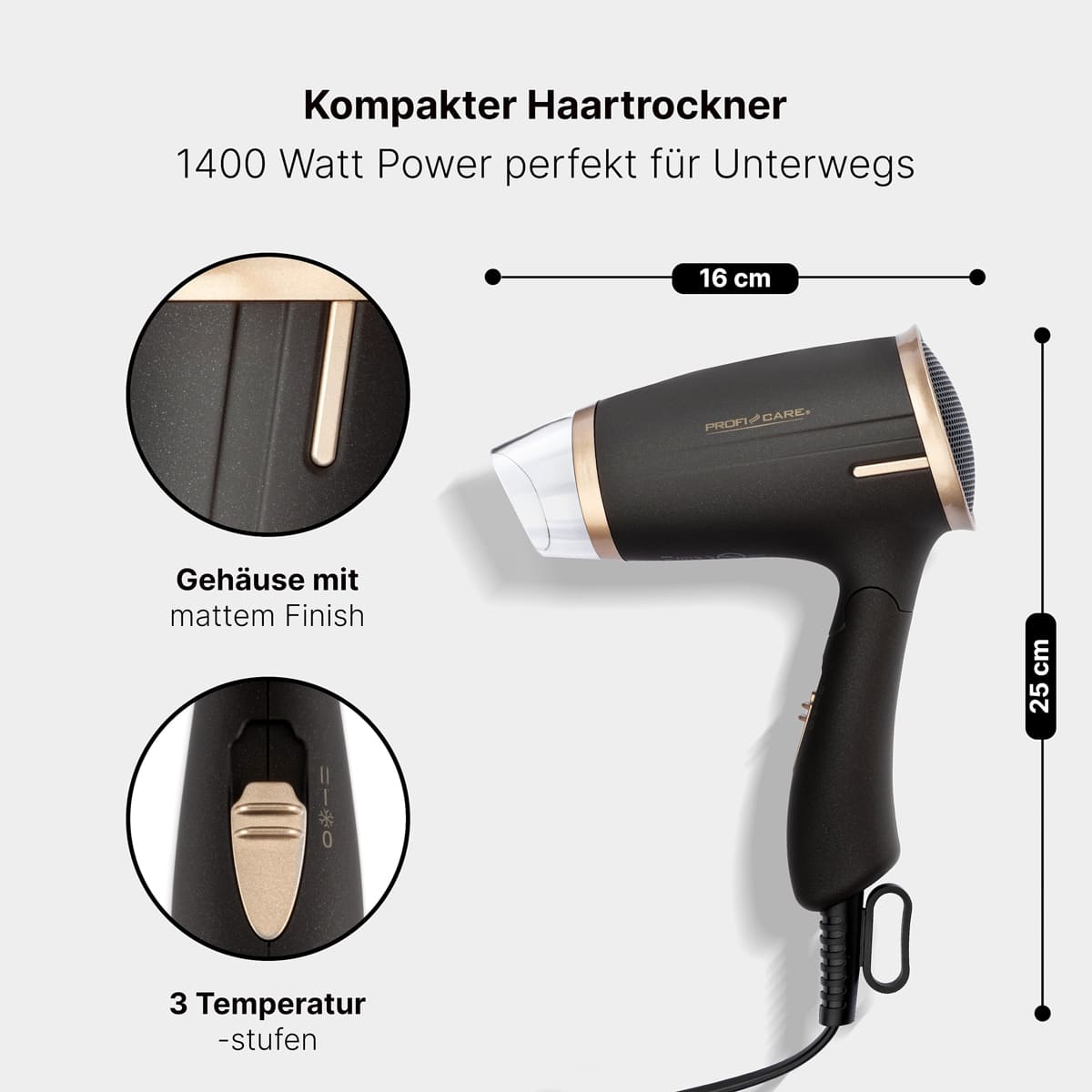 PROFICARE Haartrockner PC-HT 3009, Klappgriff, kompakt, 1400W, braun-bronze