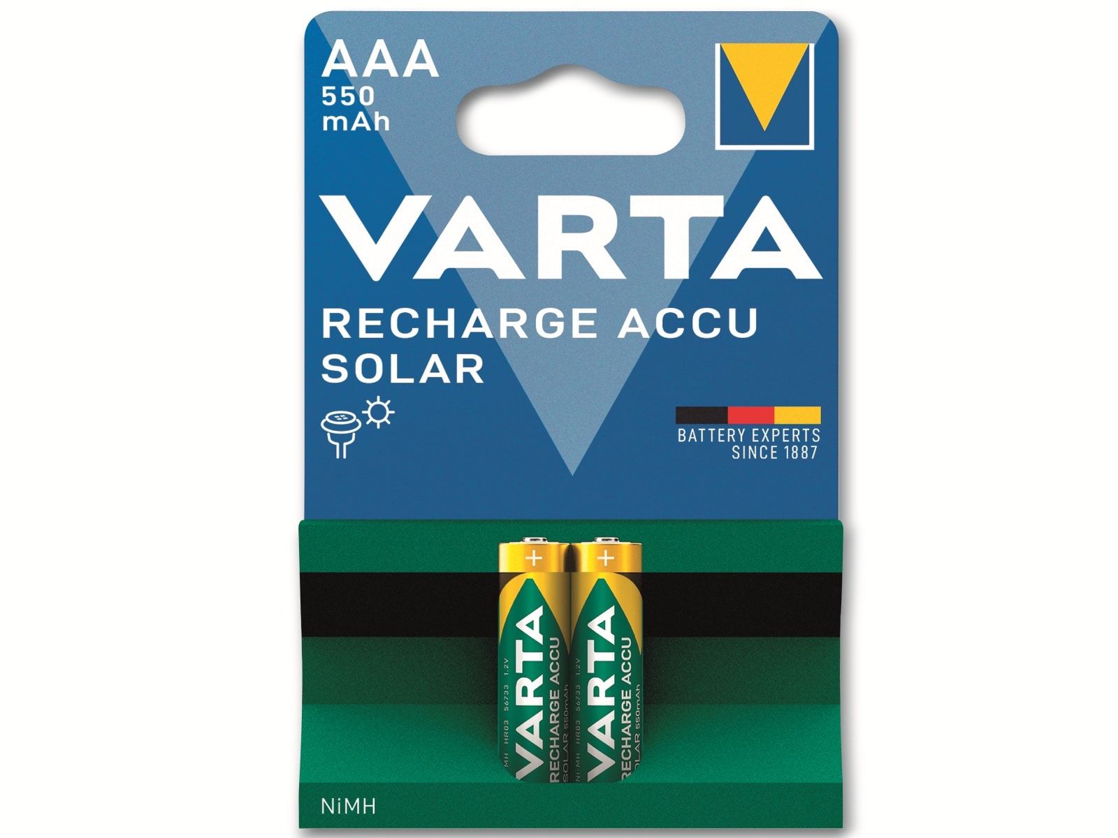 VARTA Akku NiMH, Micro, AAA, HR03, 1.2V/550mAh, Solar, 2er Pack