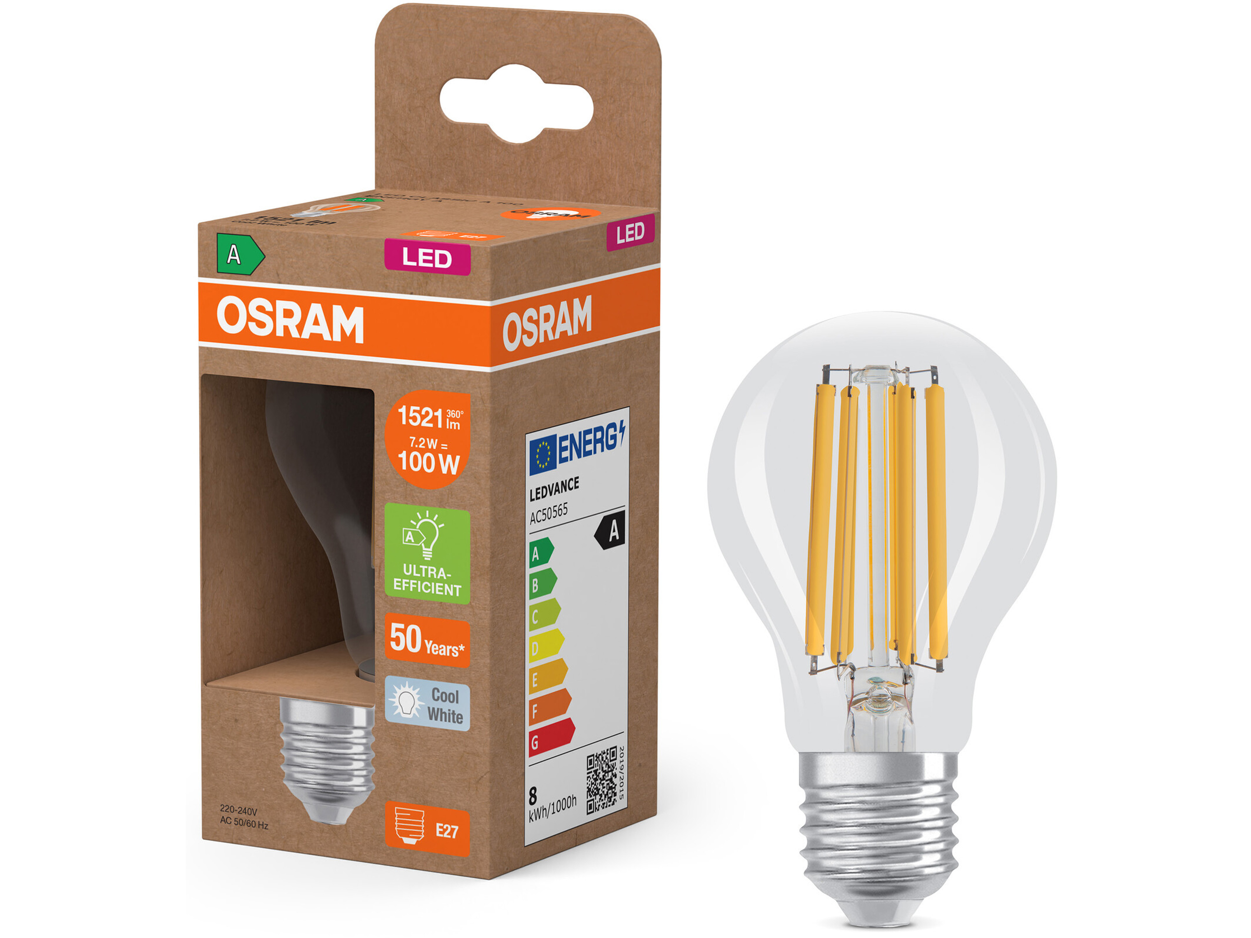 OSRAM LED-Lampe, Kolbenform, E27, 7,2 W, 4000 K, EEK: A, 1521 lm, neutralweiß