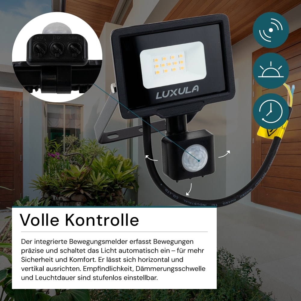 LUXULA LED-Fluter mit Bewegungsmelder, 10W, 1000lm, 4000K, Schwarz, IP65, 350° Erfassungsbereich LUXULA LED-Fluter mit Bewegungsmelder, EEK: F, 10W, 1000lm, 4000K, schwarz
