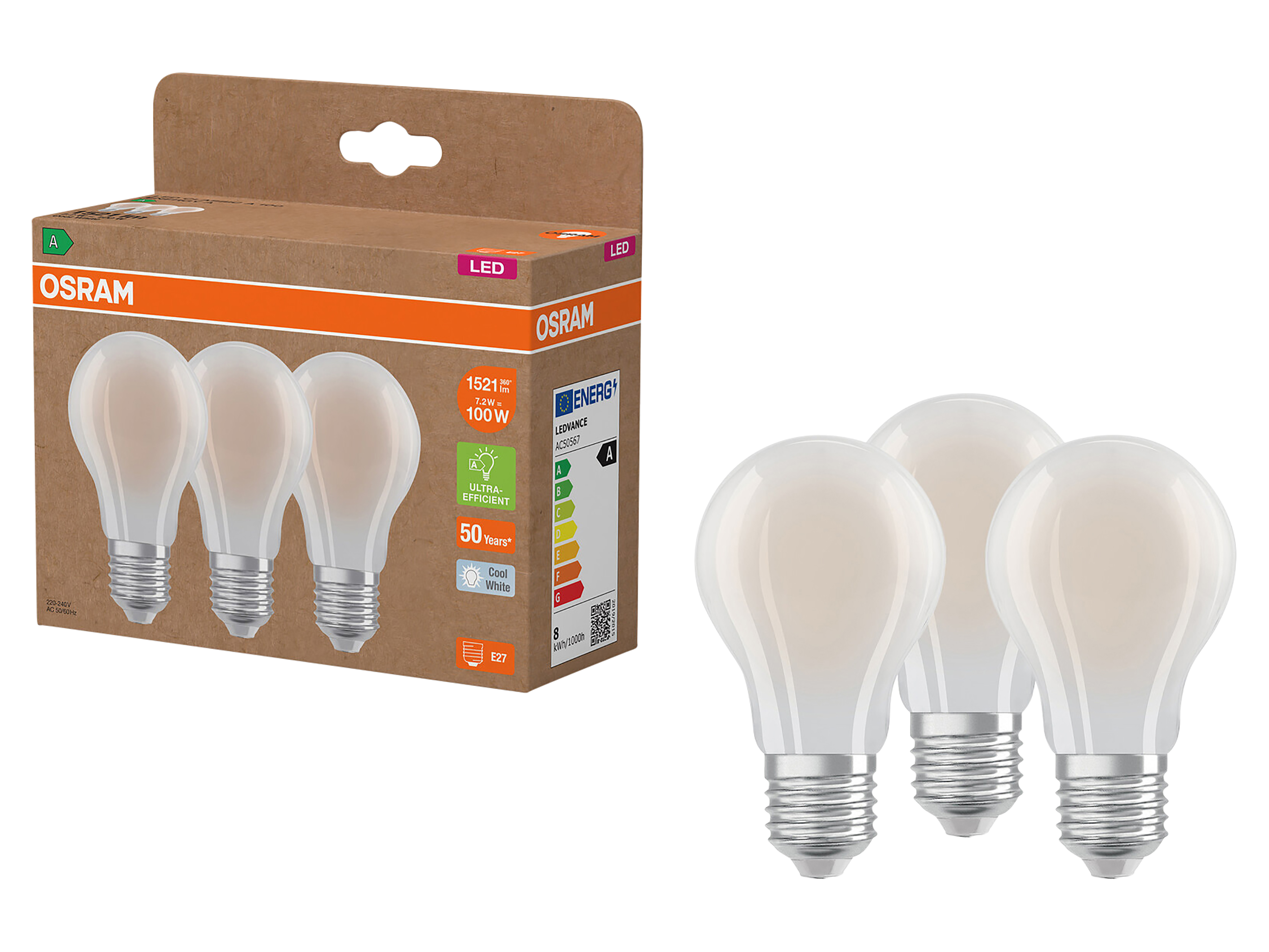 OSRAM LED-Lampe, E27, 7,2W, 4000K, EEK: A, 1521lm, neutralweiß, IP20, 3 Stück