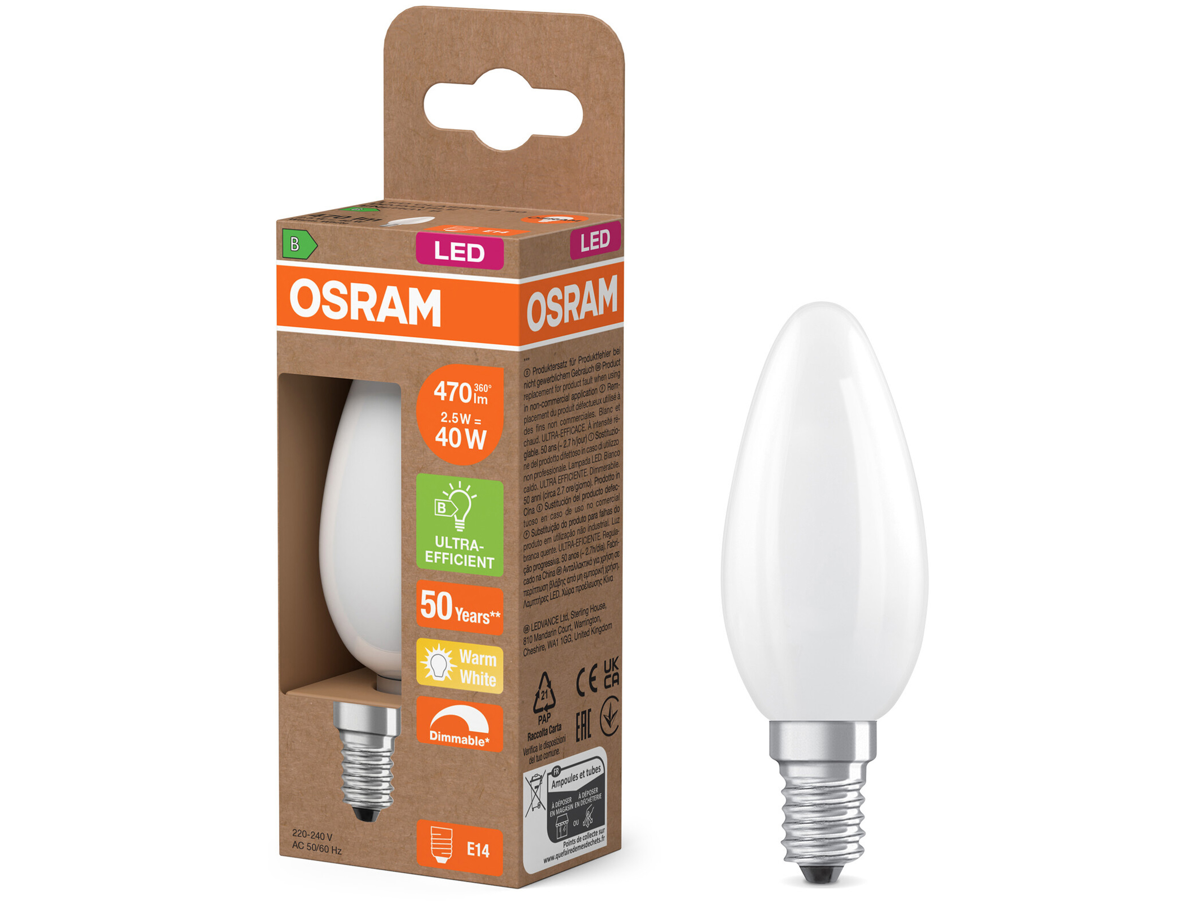 OSRAM LED-Lampe Classic, dimmbar, E14, 2,5 W, 2700 K, EEK: B, 470 lm, warmweiß