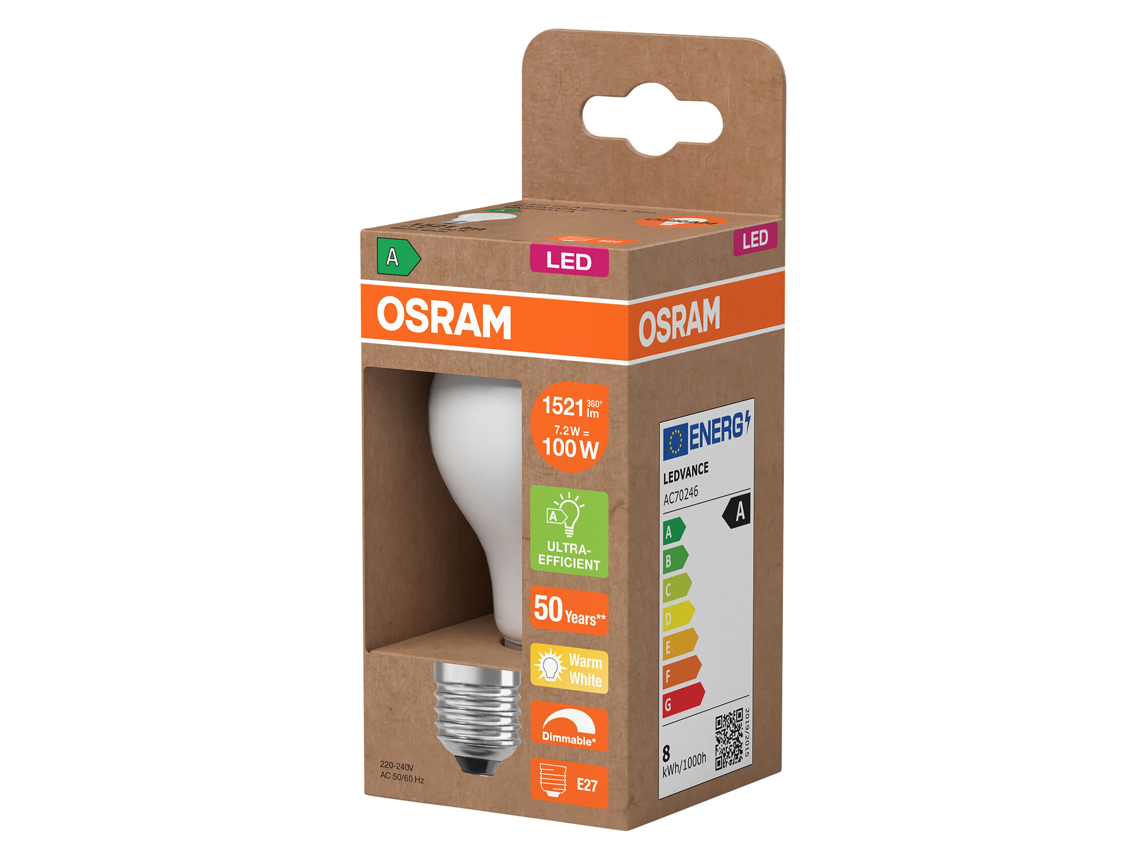 OSRAM LED-Lampe Classic, dimmbar, E27, 7,2 W, 2700 K, EEK: A, 1521 lm, IP20, warmweiß