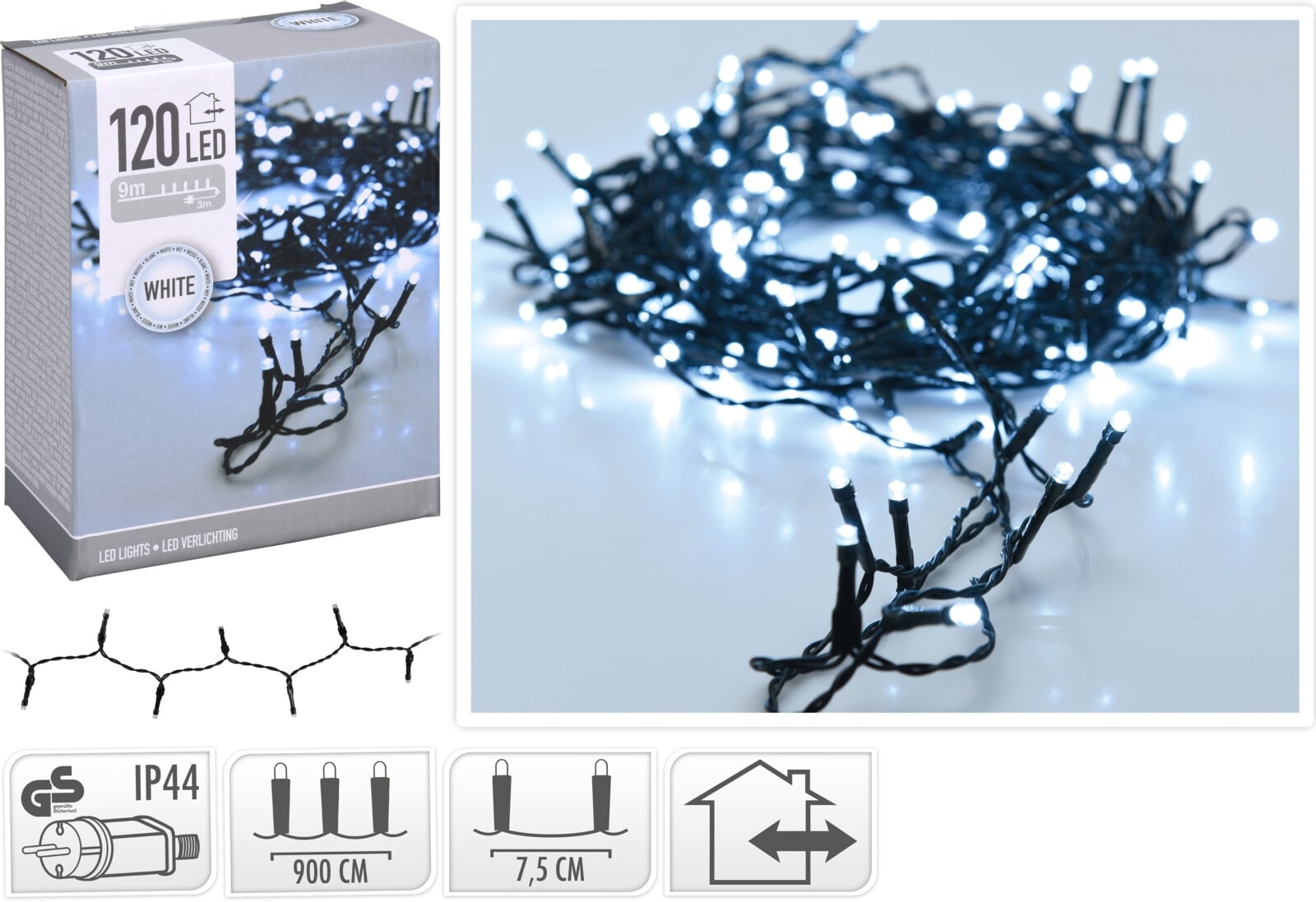 LED-Lichterkette kaltweiß, 120 LEDs, Grünes Kabel, Innen/Außen, 12m KOOPMAN LED-Lichterkette kaltweiß, 120 LEDs, Grünes Kabel, Innen/Außen, 12m