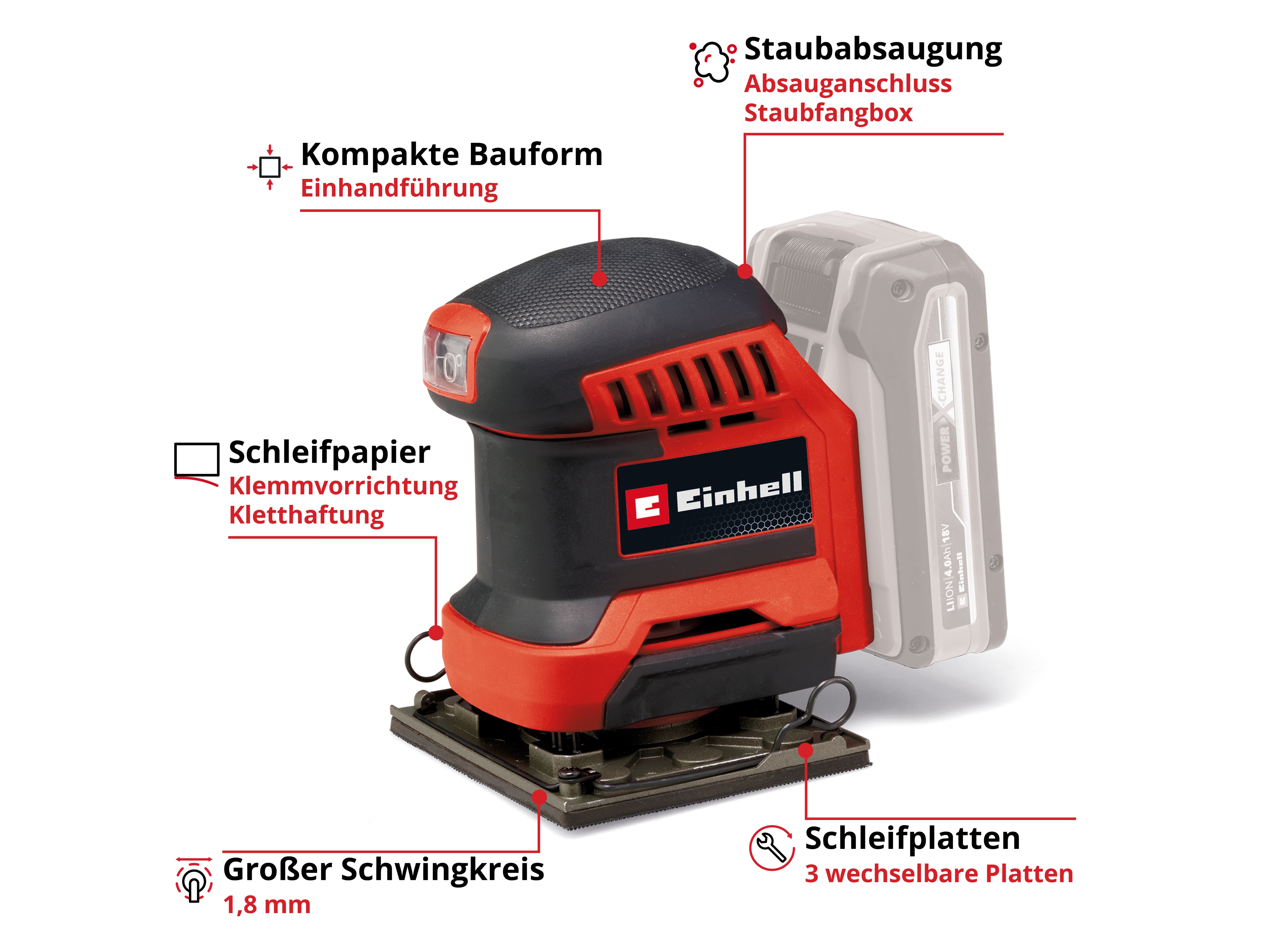 EINHELL Akku-Faustschleifer TE-OS 18/113 3X Li, Solo