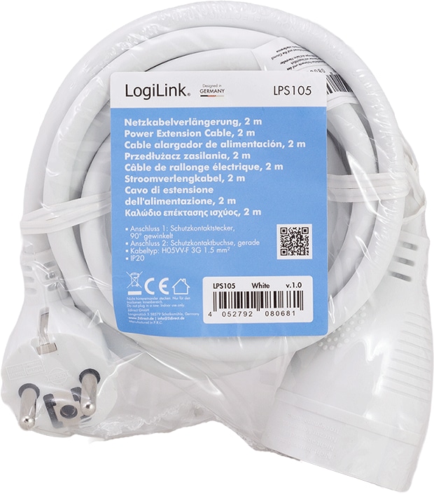 LOGILINK Netzkabelverlängerung LPS105 CEE7/7 (90°) zu CEE 7/3 2m weiß