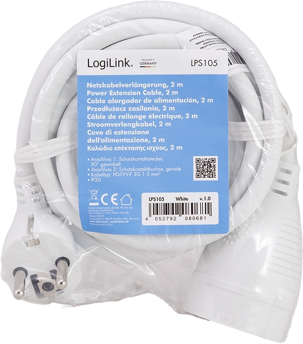 LOGILINK Netzkabelverlängerung LPS105 CEE7/7 (90°) zu CEE 7/3 2m weiß