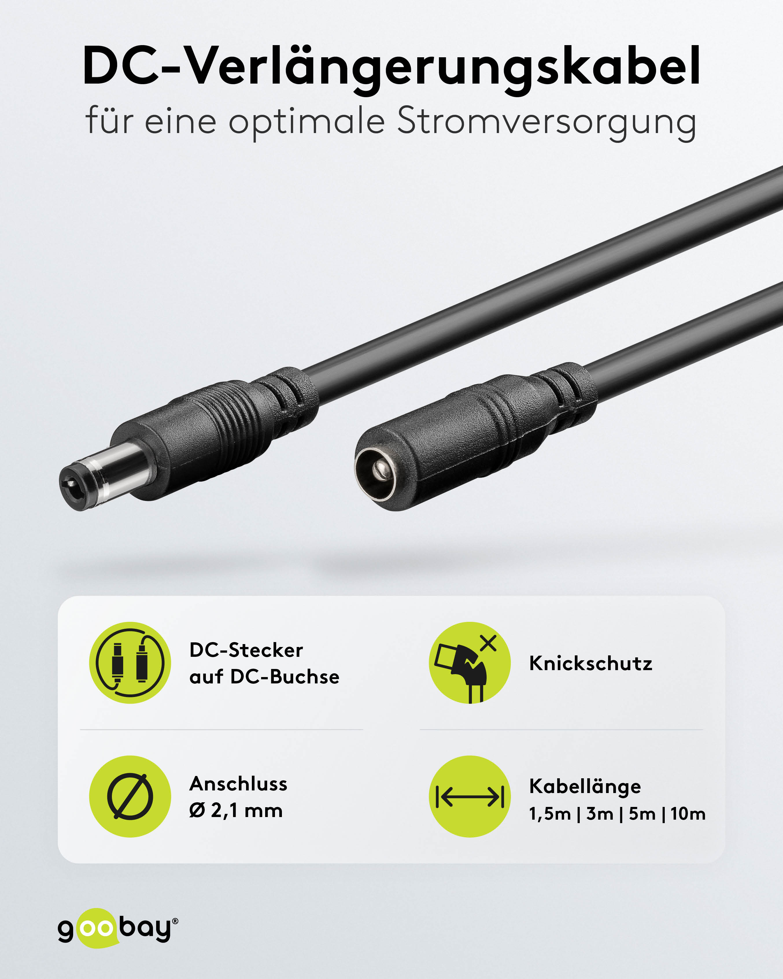 GOOBAY DC-Adapterkabel 2,1 mm, DC-Stecker auf DC-Kupplung, schwarz, 5 m