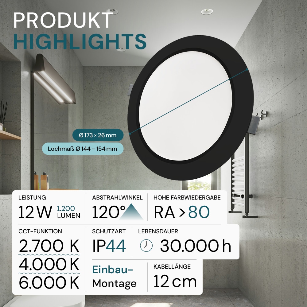 LUXULA LED-Einbauleuchte, 12W, EEK: F, 1200lm, CCT, IP44, schwarz