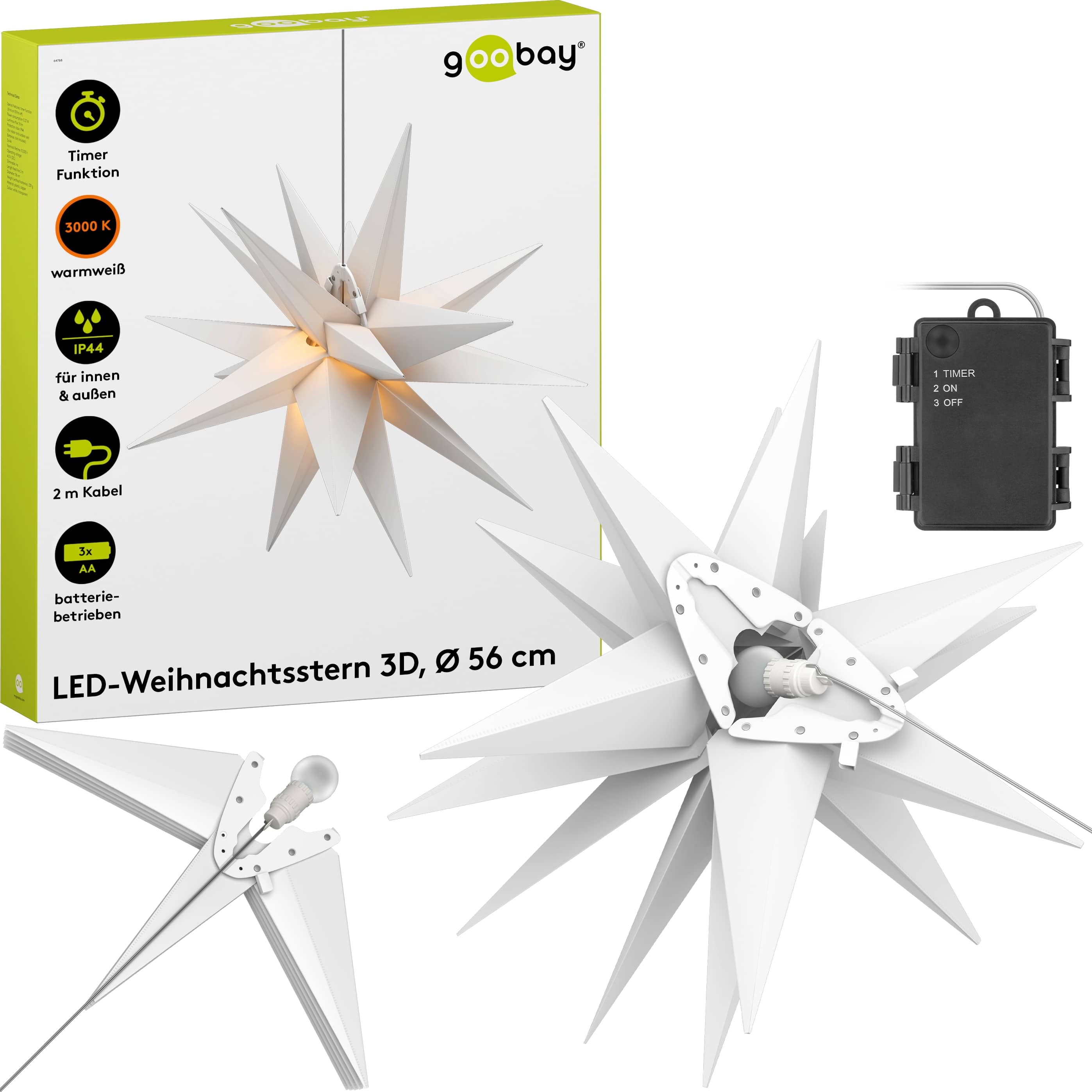 GOOBAY LED-Stern, 18 Zacken, 56cm, Outdoor, Timerfunktion, Batteriebetrieben