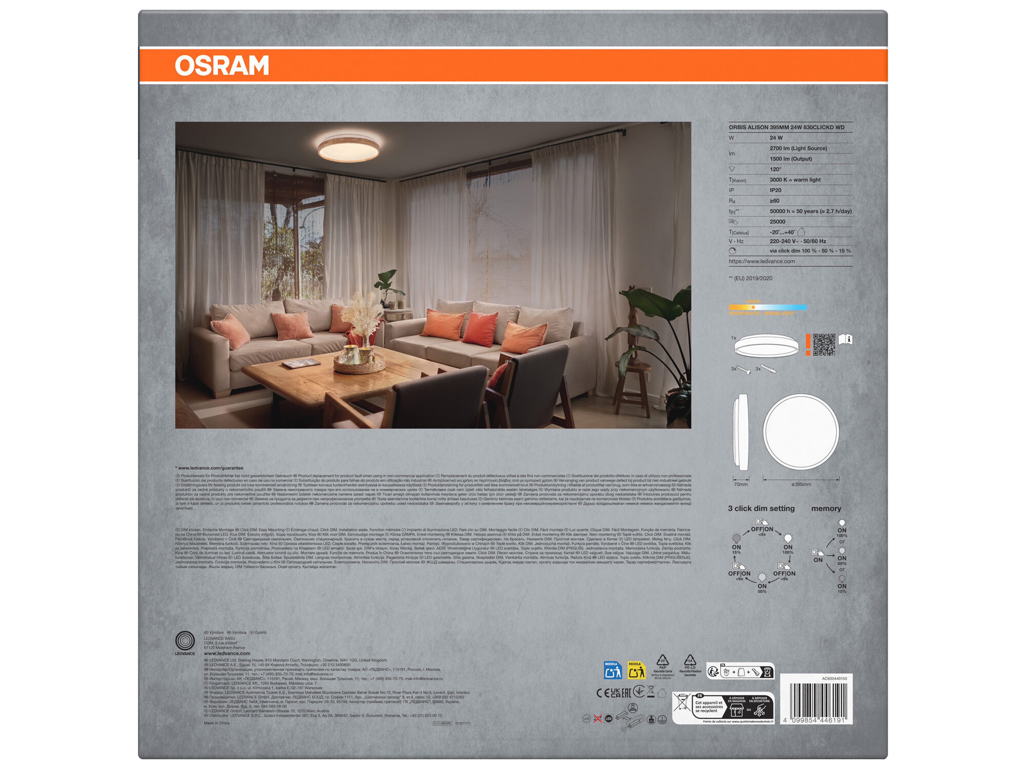 OSRAM LED-Deckenleuchte mit Holzring, Dimmbar, warmweiß, 3.000 K, EEK: F, IP20