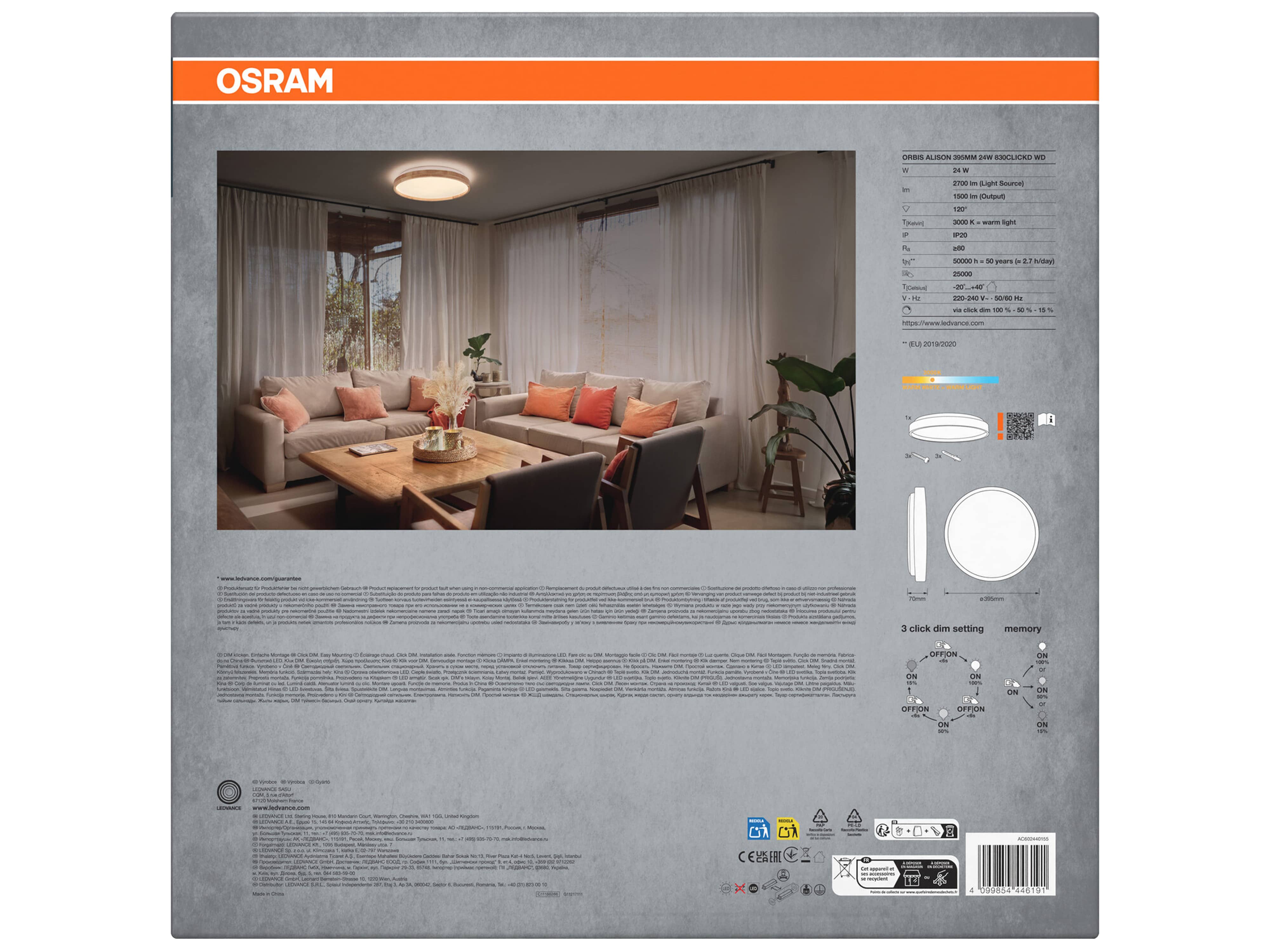 OSRAM LED-Deckenleuchte mit Holzring, 24 W, 3.000 K, Dimmbar, EEK: F, warmweiß, IP20 OSRAM LED-Deckenleuchte mit Holzring, Dimmbar, warmweiß, 3.000 K, EEK: F, IP20