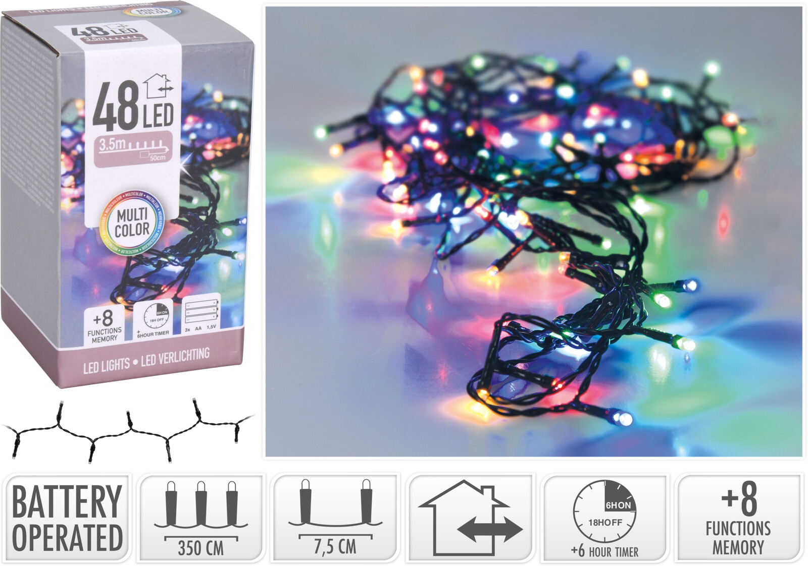 LED-Lichterkette bunt, 48 LEDs, Batteriebetrieben, schwarzes Kabel, Innen/Außen, 4m LED-Lichterkette bunt, 48 LEDs, Batteriebetrieben, schwarzes Kabel, Innen/Außen, 4m