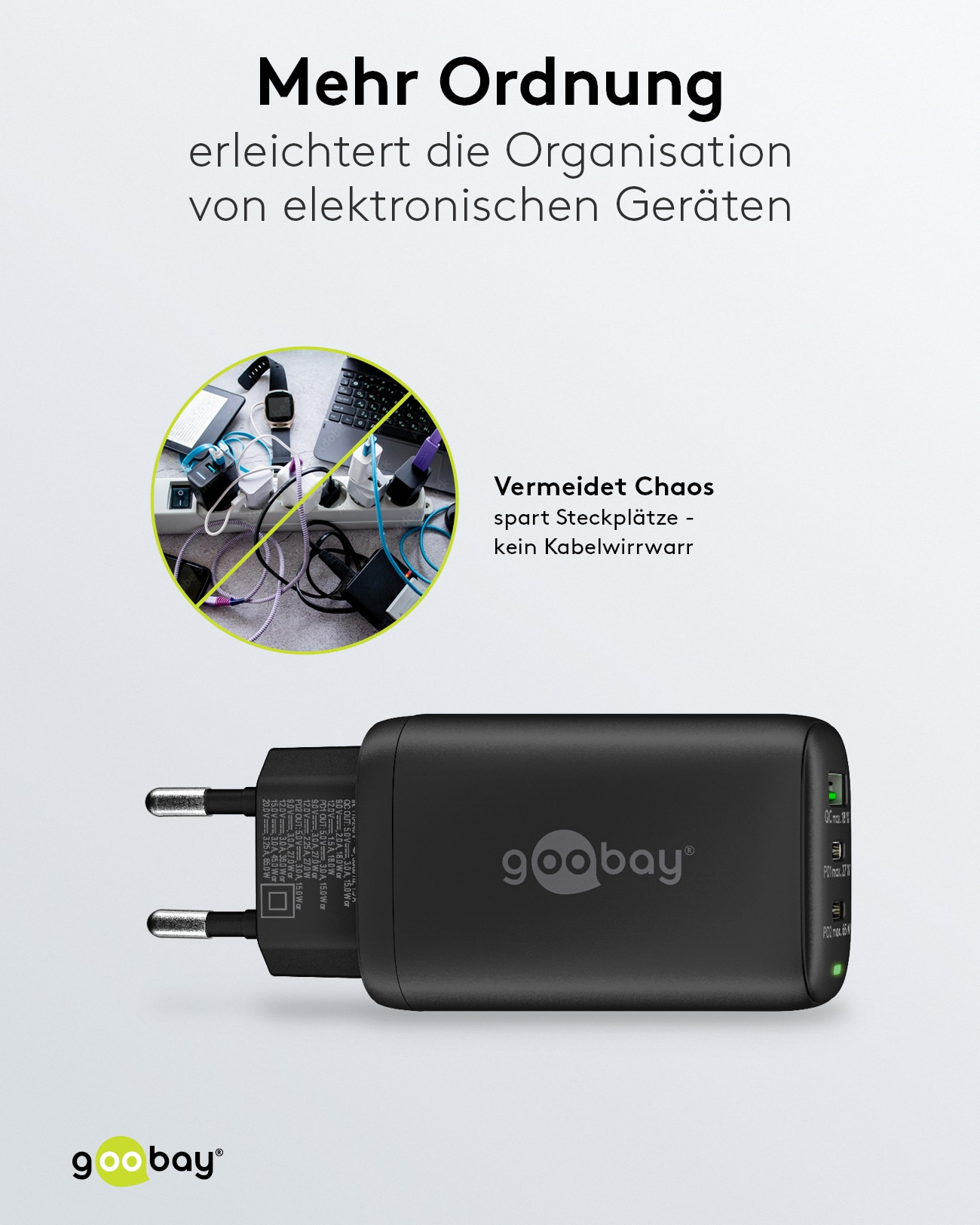 GOOBAY USB-Lader 65407, 65 W, 3-fach, 2xC PD, 1xA QC GaN, schwarz