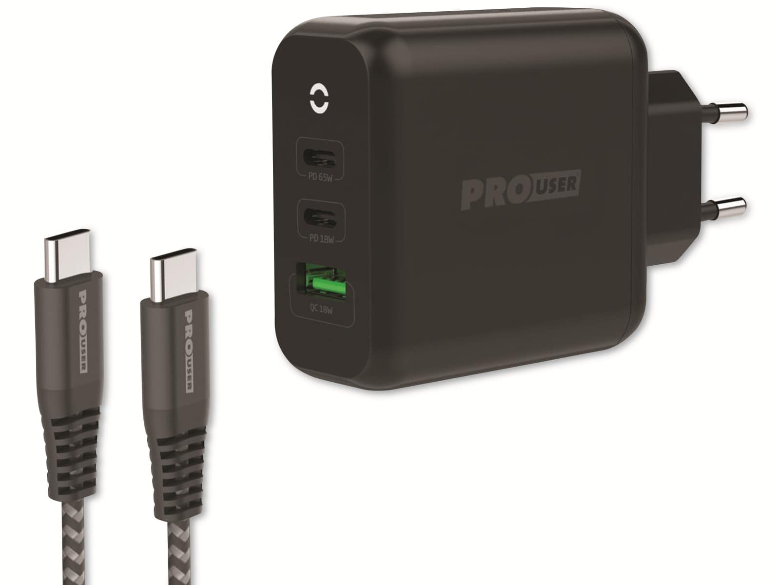 PROUSER USB-Lader PRO USER 20198, 3-fach, 65W, 2x USB-C, 1x USB-A, GaN, schwarz