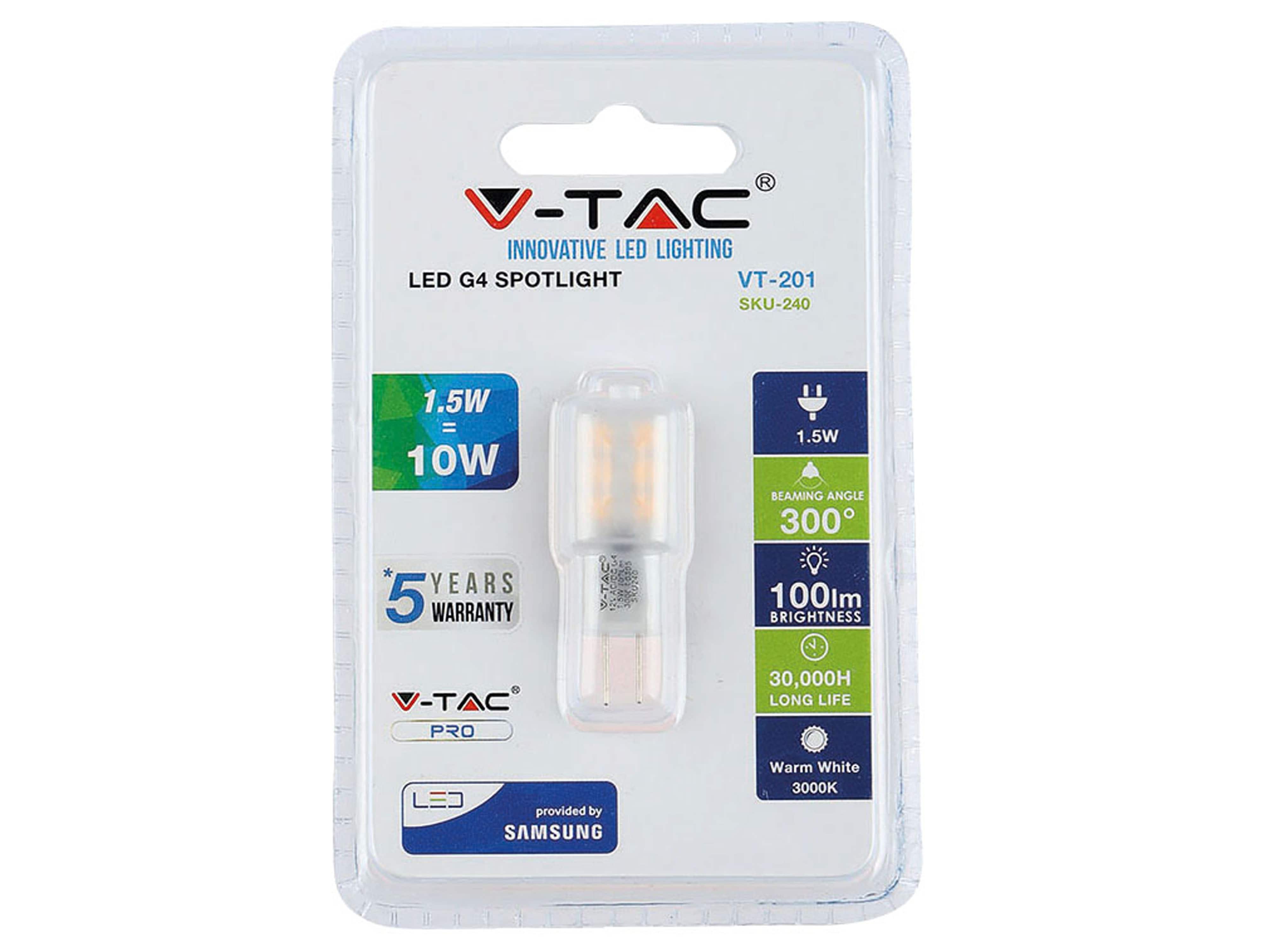 V-TAC LED-Lampe VT 201 (240), G4, EEK: G, 1,5 W, 100 lm, 3000 K V-TAC LED-Lampe VT 201 (240), G4, EEK: G, 1,5 W, 100 lm, 3000 K