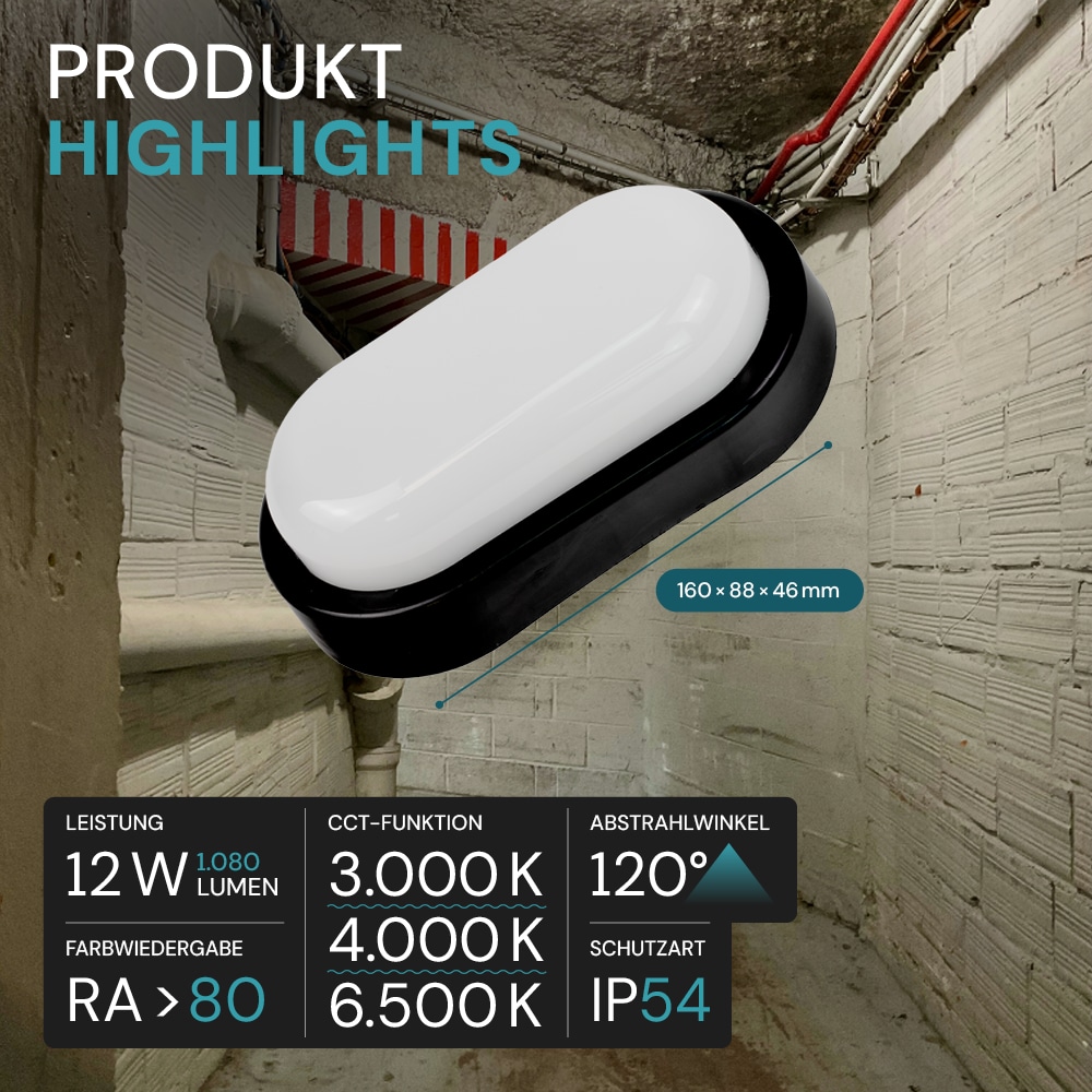 LUXULA LED-Kellerleuchte, 12W, EEK: F, 1080lm, CCT, IP54, schwarz
