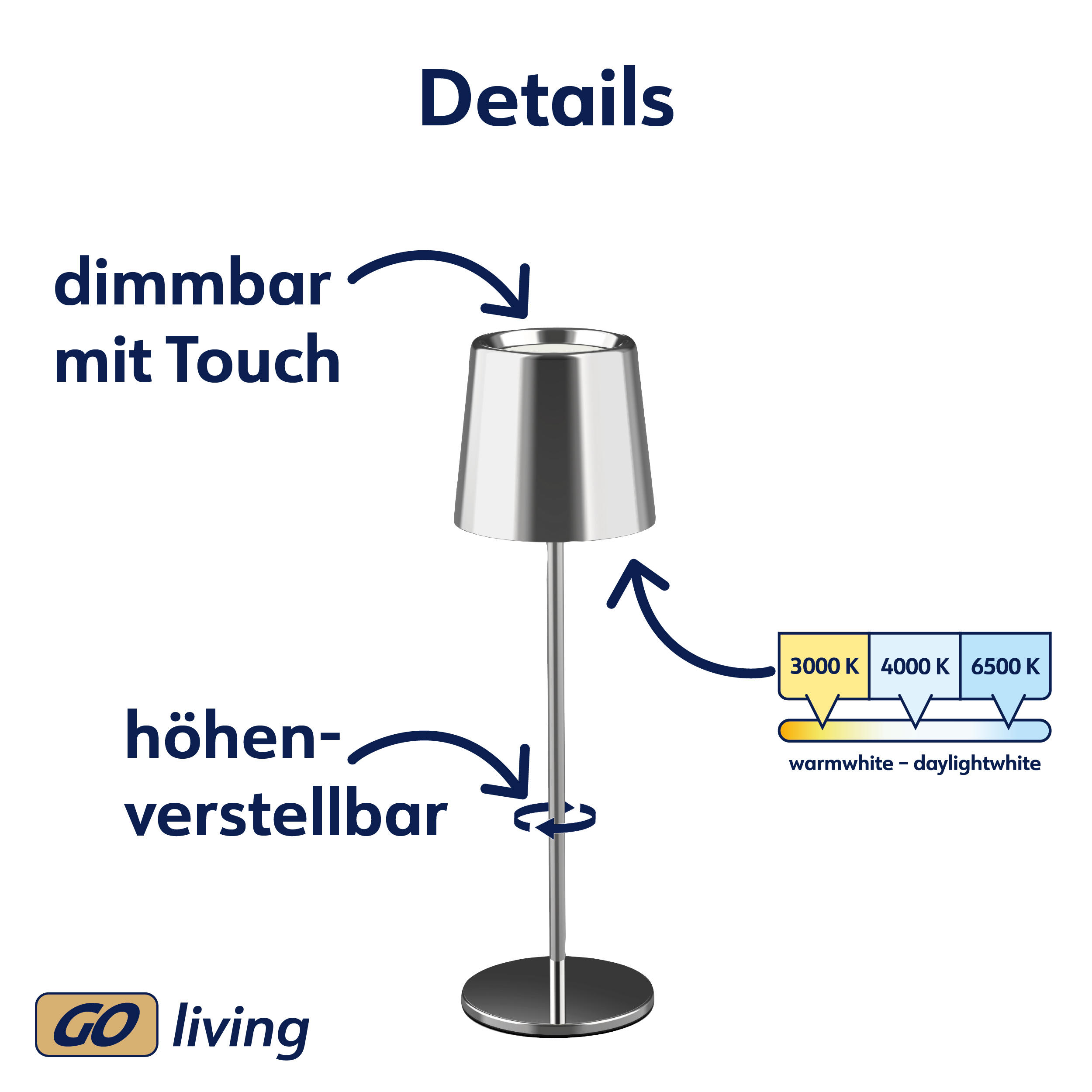 MÜLLER-LICHT LED-Akku-Tischleuchte Holly, 3 W, 300 lm, silber