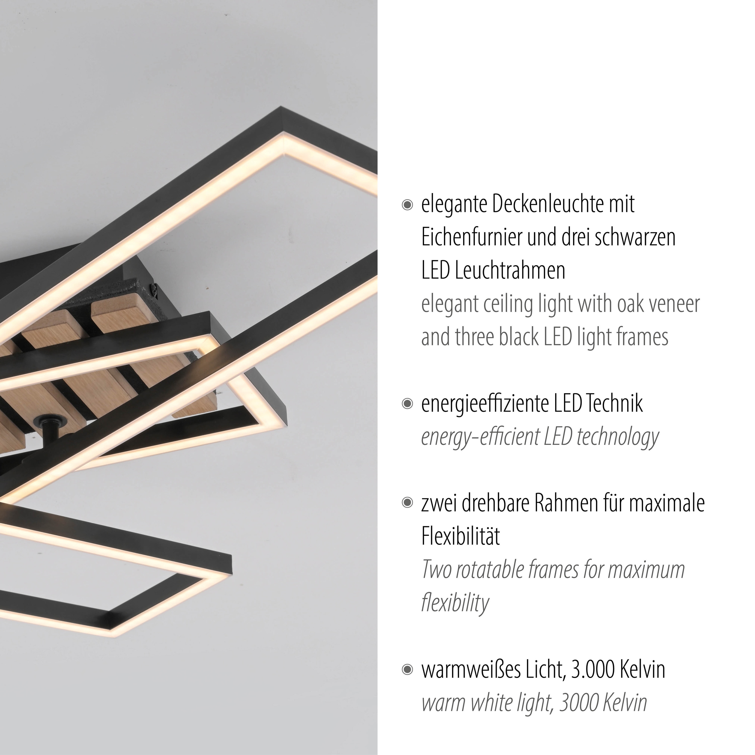 JUST LIGHT LED-Deckenleuchte 14051-79, 20,50W, 3000K, 3000lm, warmeiß, IP20, Holz/schwarz