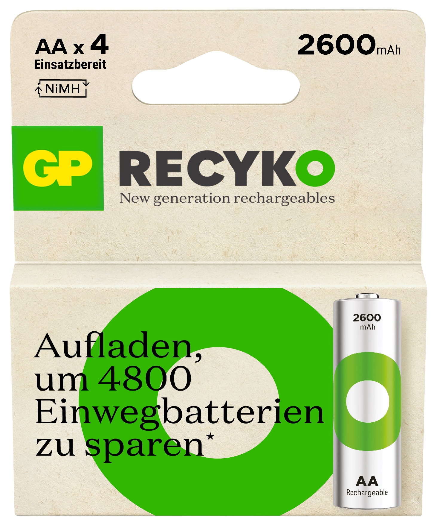 GP ReCyKO NiMH Akku Mignon, AA, HR06 1,2V/2600mAh, 4 Stück