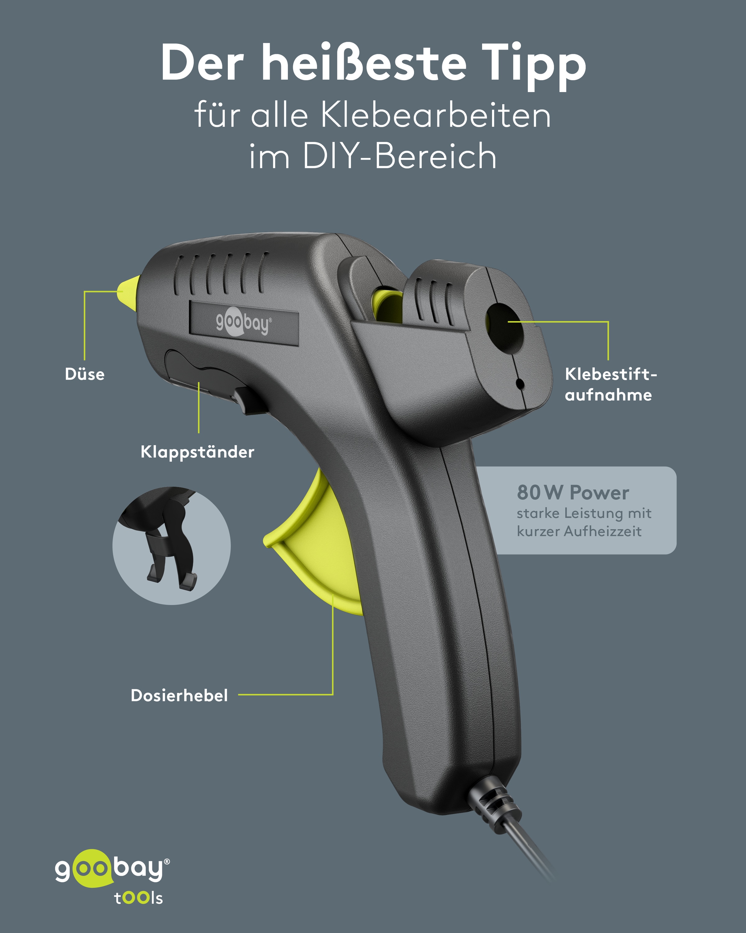 GOOBAY TOOLS Heißklebepistole Premium, 77824, 80 W, inkl. 2 Klebesticks