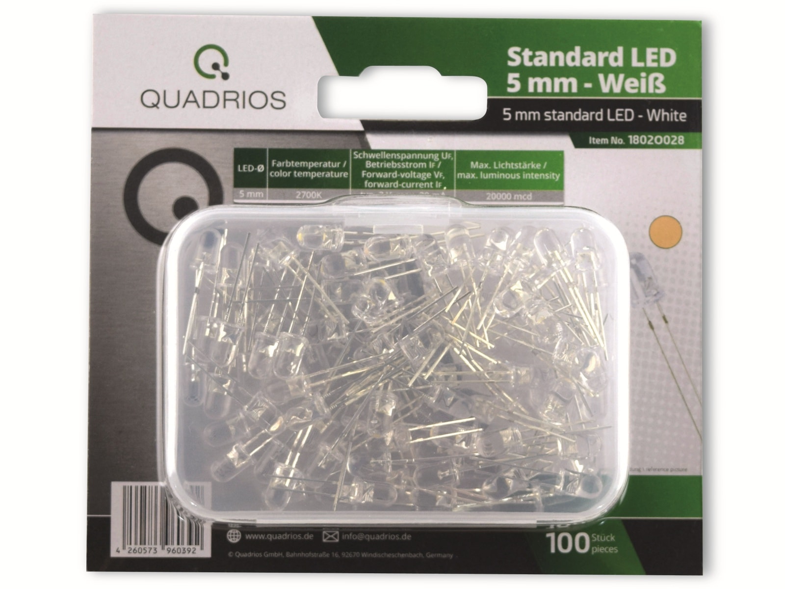 QUADRIOS, 1802O028, LED Sortiment 5 mm Leuchtdioden Warmweiss (20000 mcd) 100 tlg