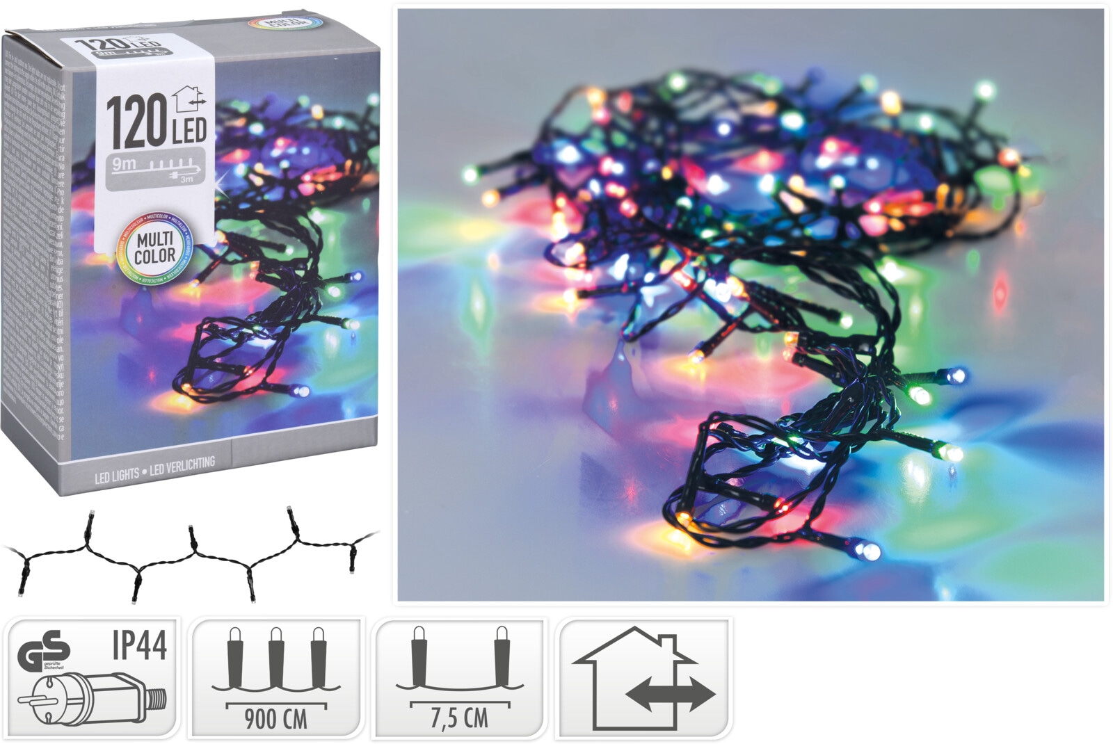 KOOPMAN LED-Lichterkette bunt, 120 LEDs, Grünes Kabel, Innen/Außen, 12m